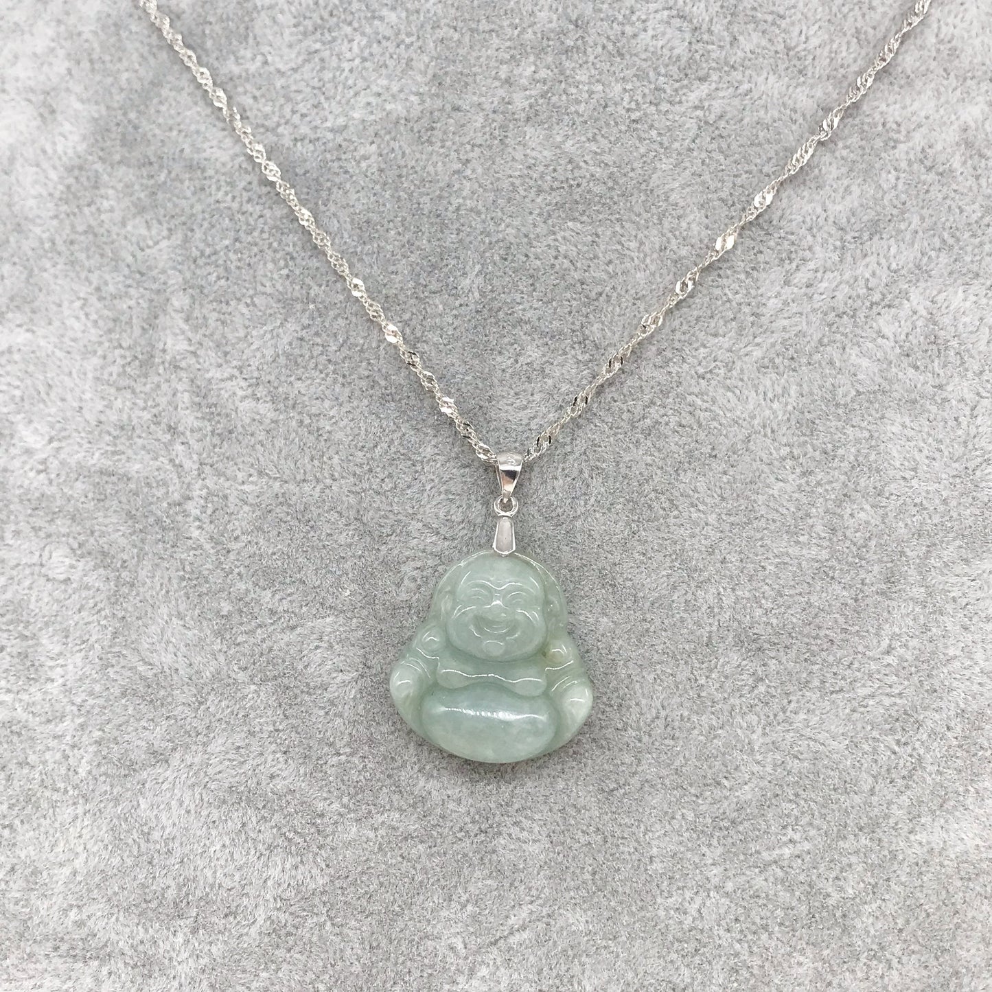 925 Sterling Silver Natural Jade Laughing Buddha Pendant Necklace