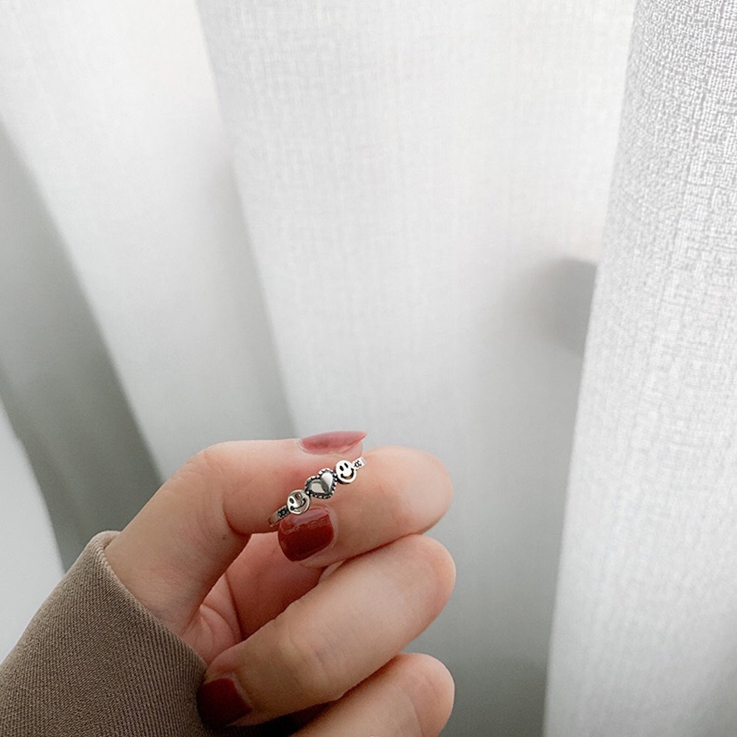925 Sterling Silver Smiley Face Heart Shape Adjustable Open Band Ring