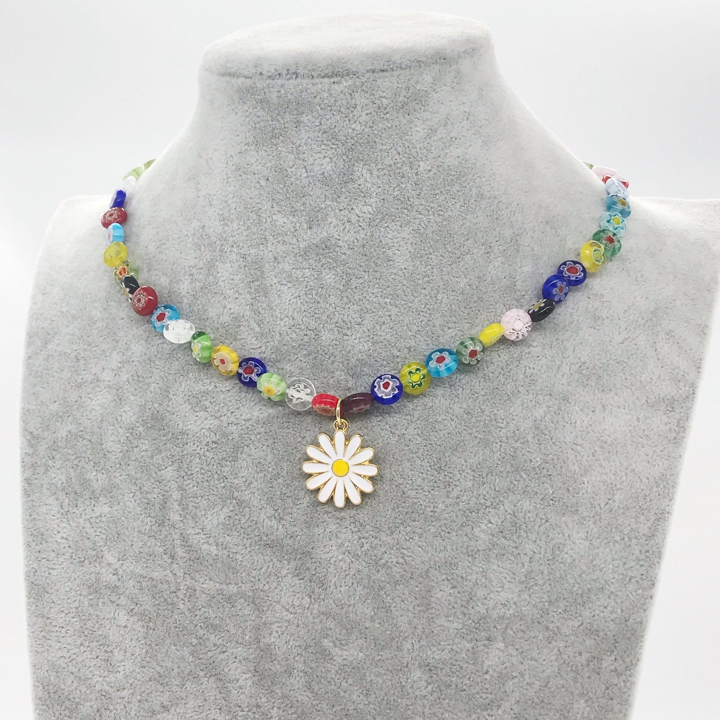Flower Shape Pendant Colorful Beaded Choker Necklace