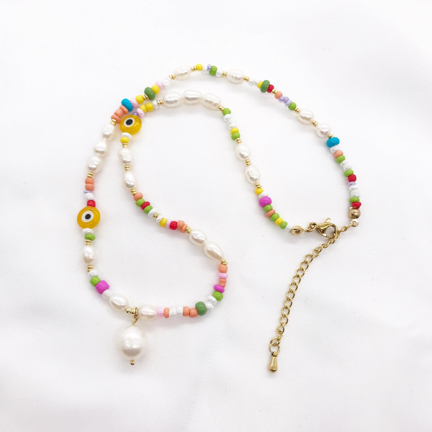 Evil Eye Fresh Water Pearls Colorful Beaded Necklace