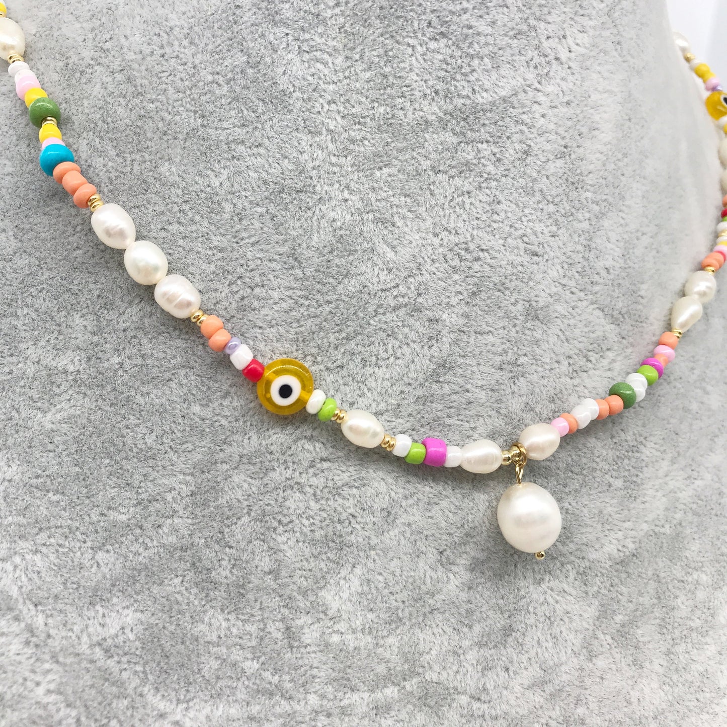 Evil Eye Fresh Water Pearls Colorful Beaded Necklace