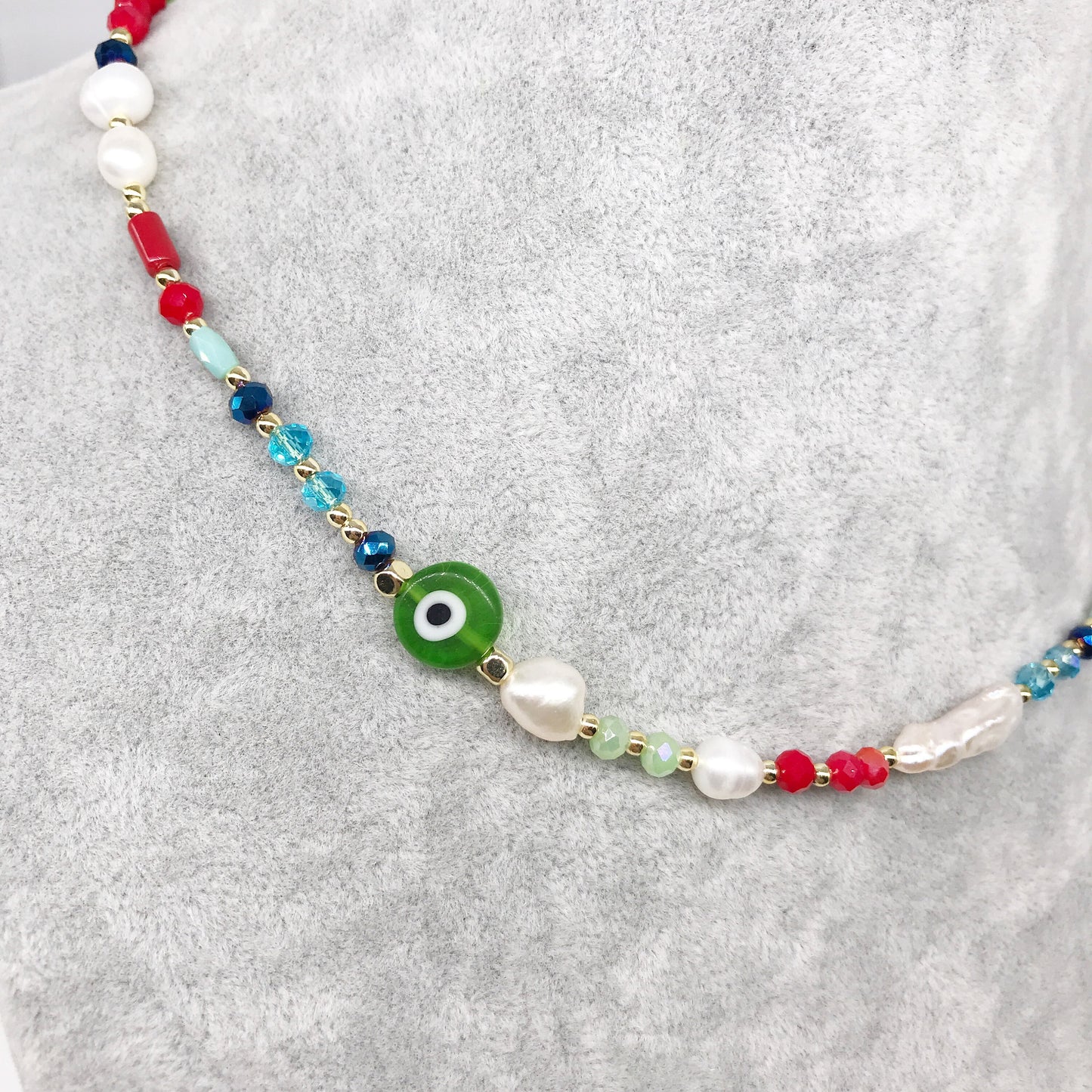 Evil Eye Fresh Water Baroque Pearls Colorful Crystal Beaded Necklace