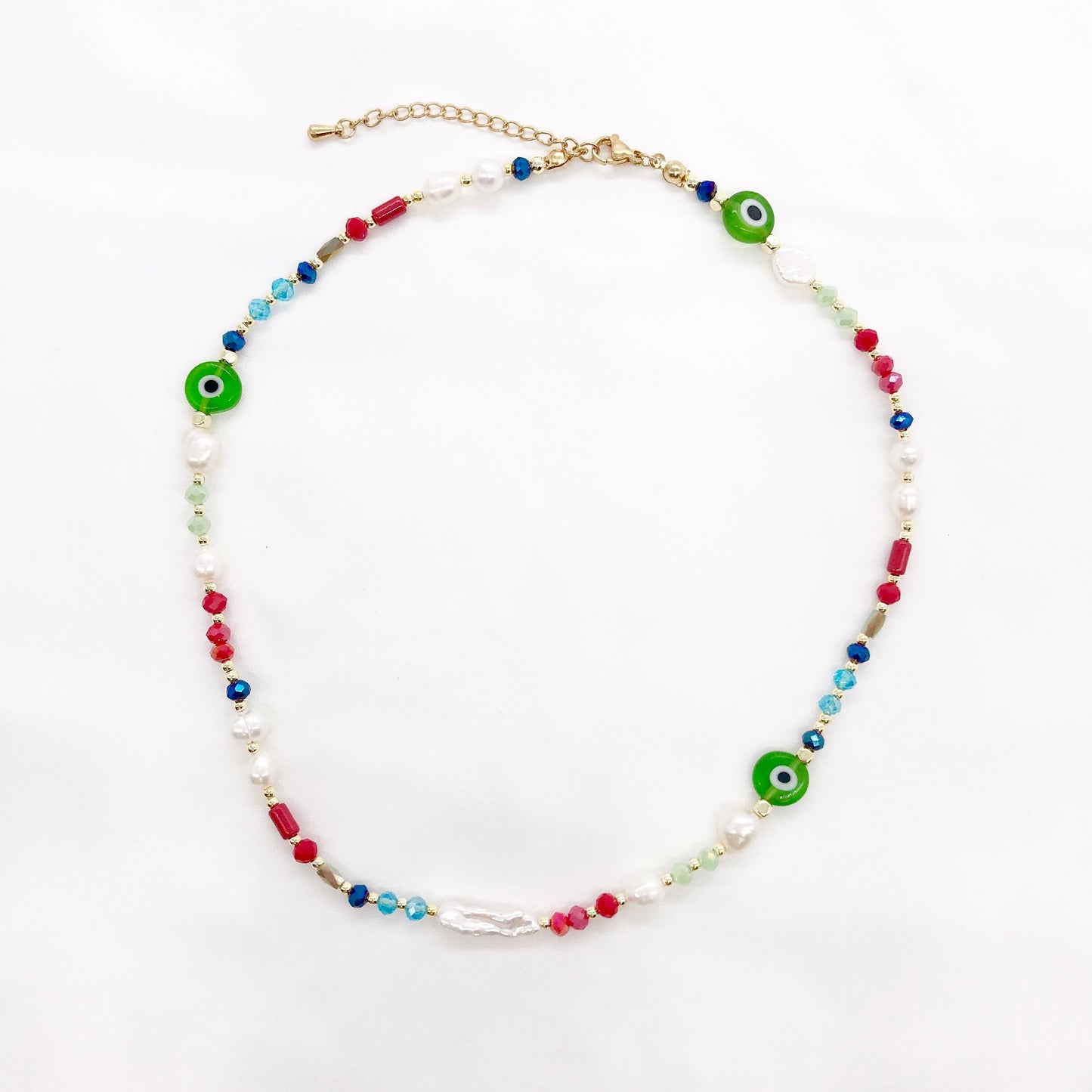 Evil Eye Fresh Water Baroque Pearls Colorful Crystal Beaded Necklace