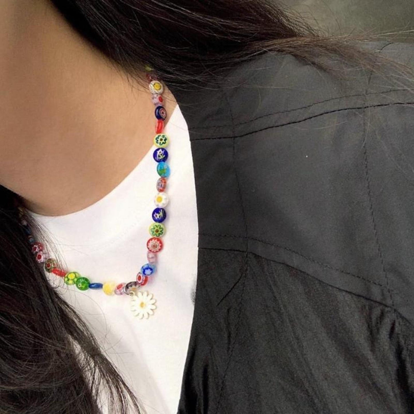 Flower Shape Pendant Colorful Beaded Choker Necklace