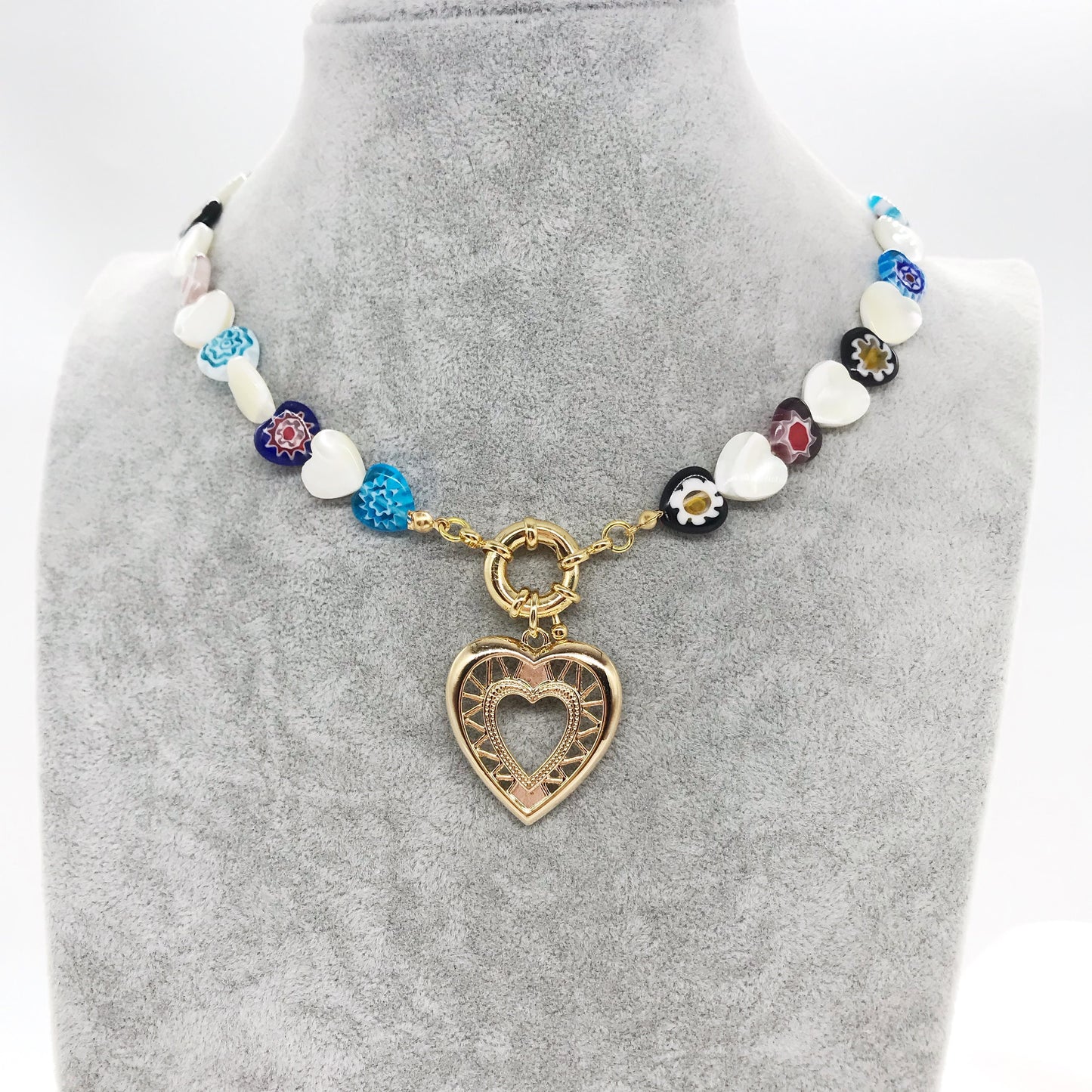 Heart shape pendant pearls shell colorful flower beaded necklace