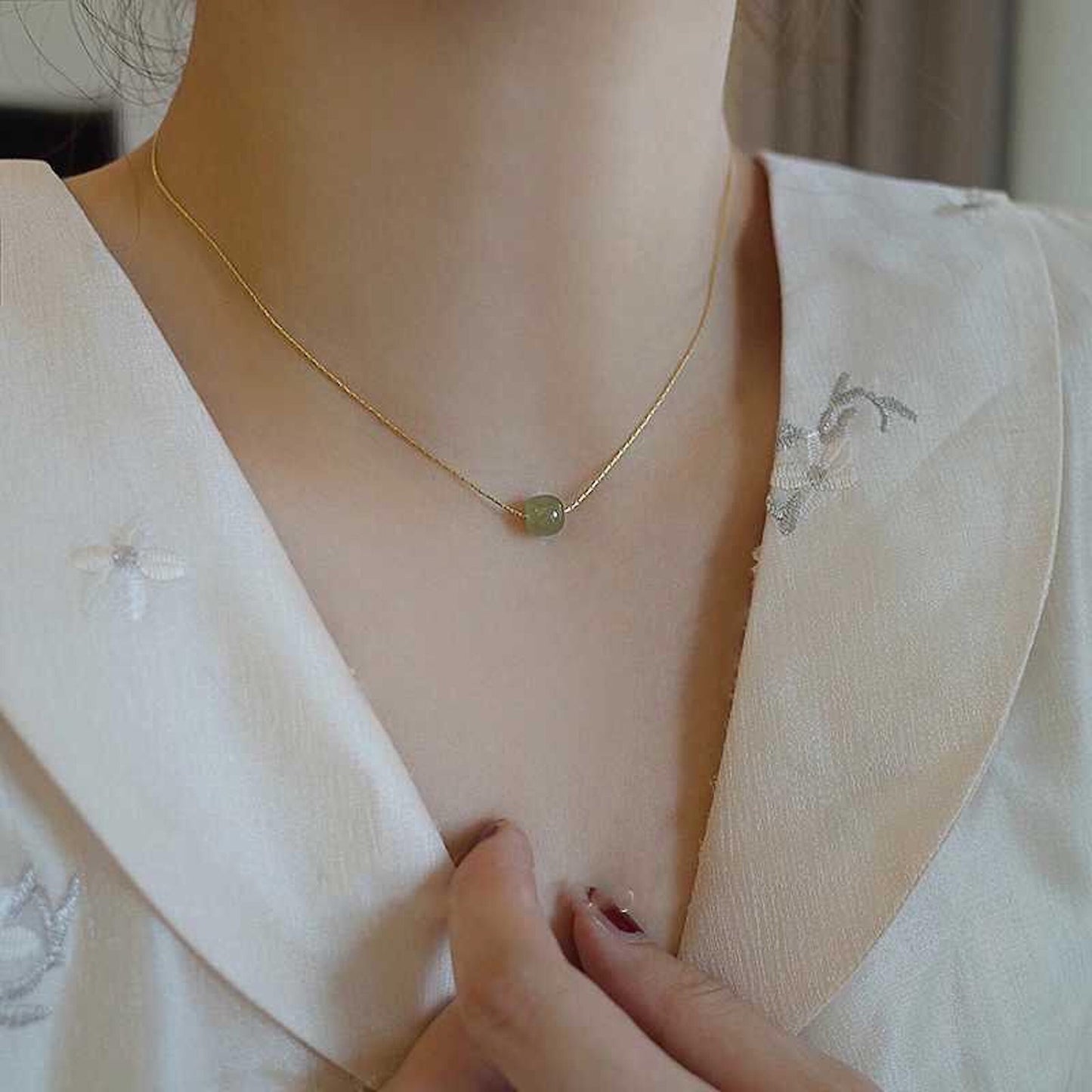 Genuine Aventurine Jade Bead Necklace, Gold Plated Chain