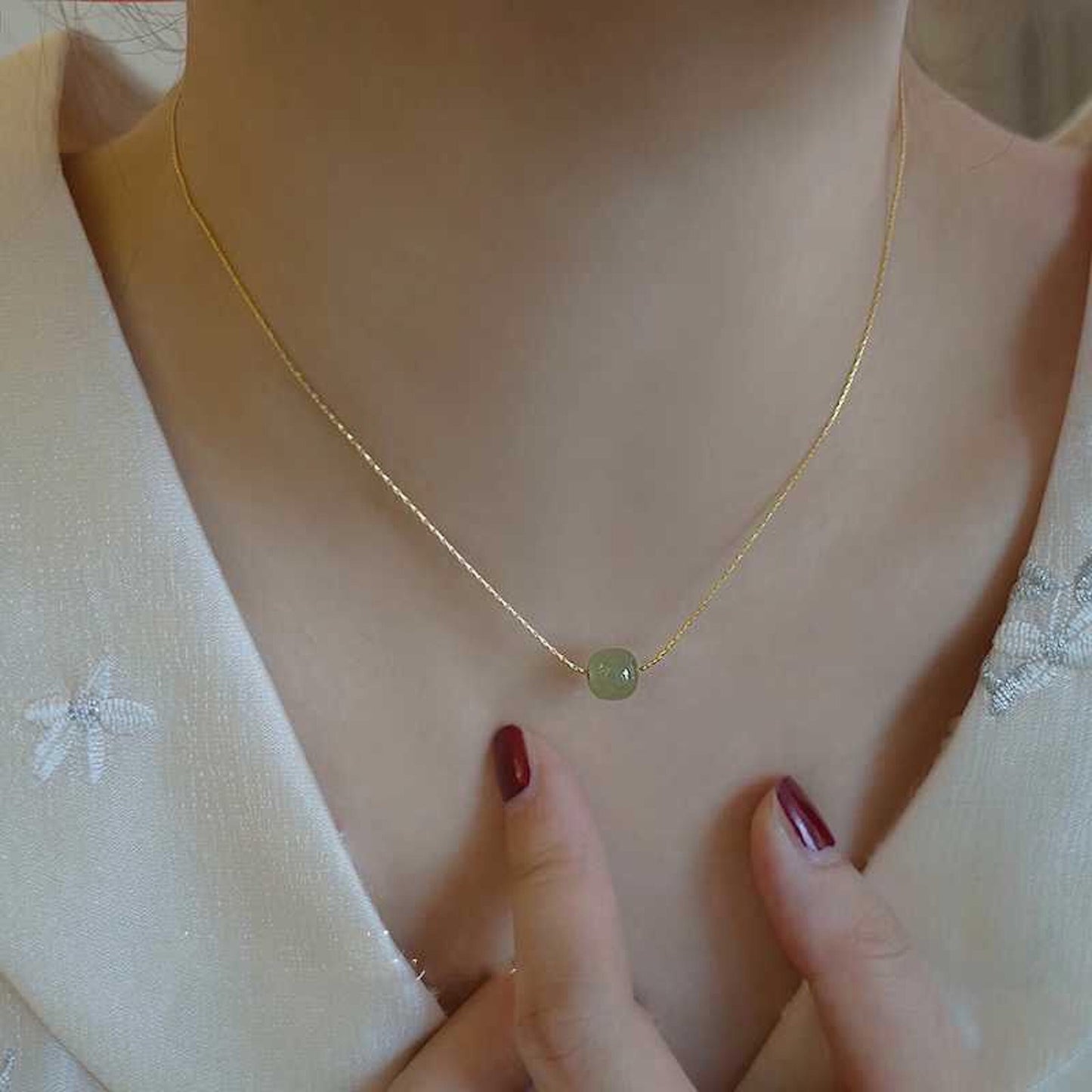 Genuine Aventurine Jade Bead Necklace, Gold Plated Chain