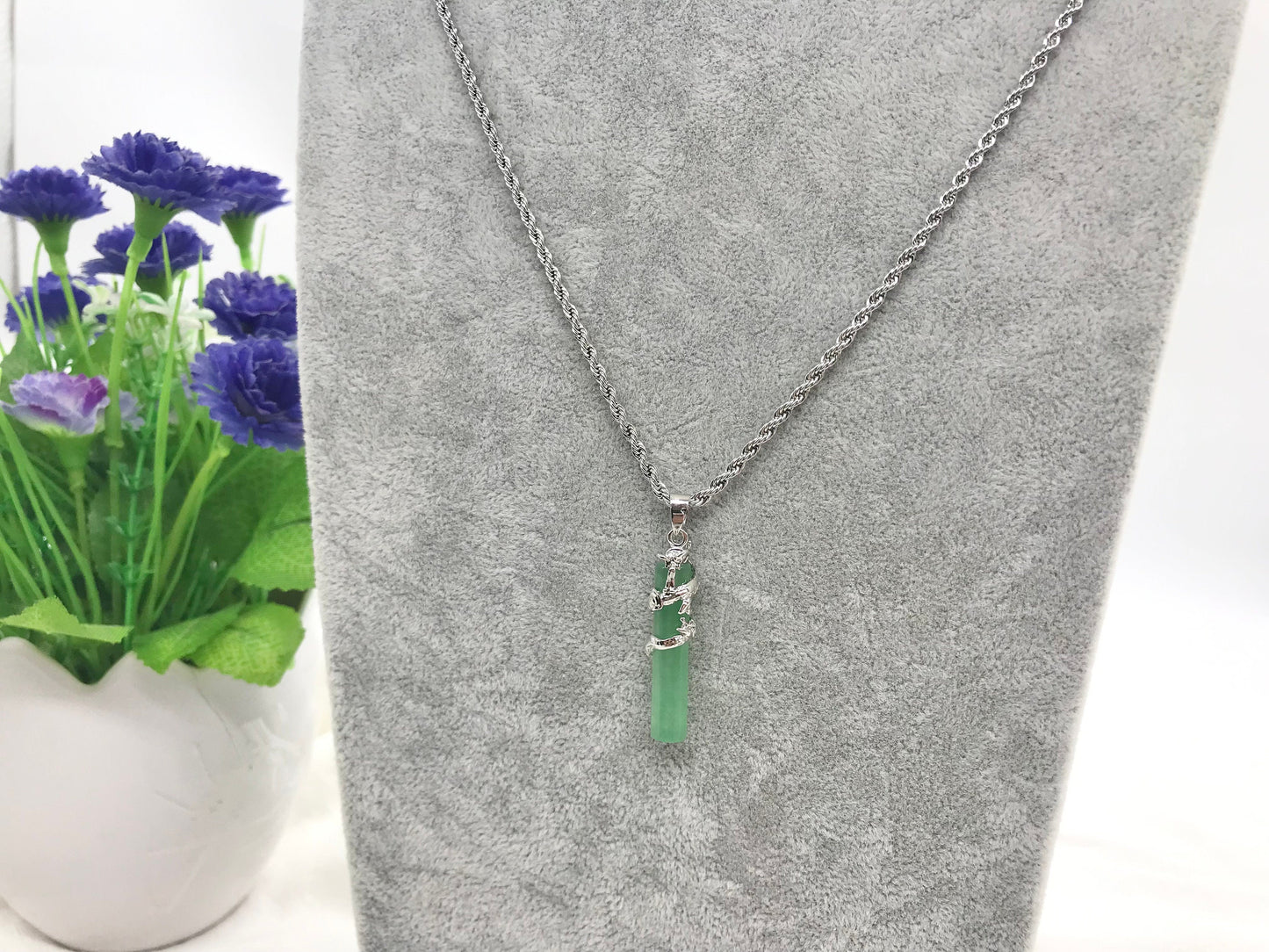 Silver Tone Pea Green Jade Dragon Pendant Necklace, Stainless Steel Rope Chain