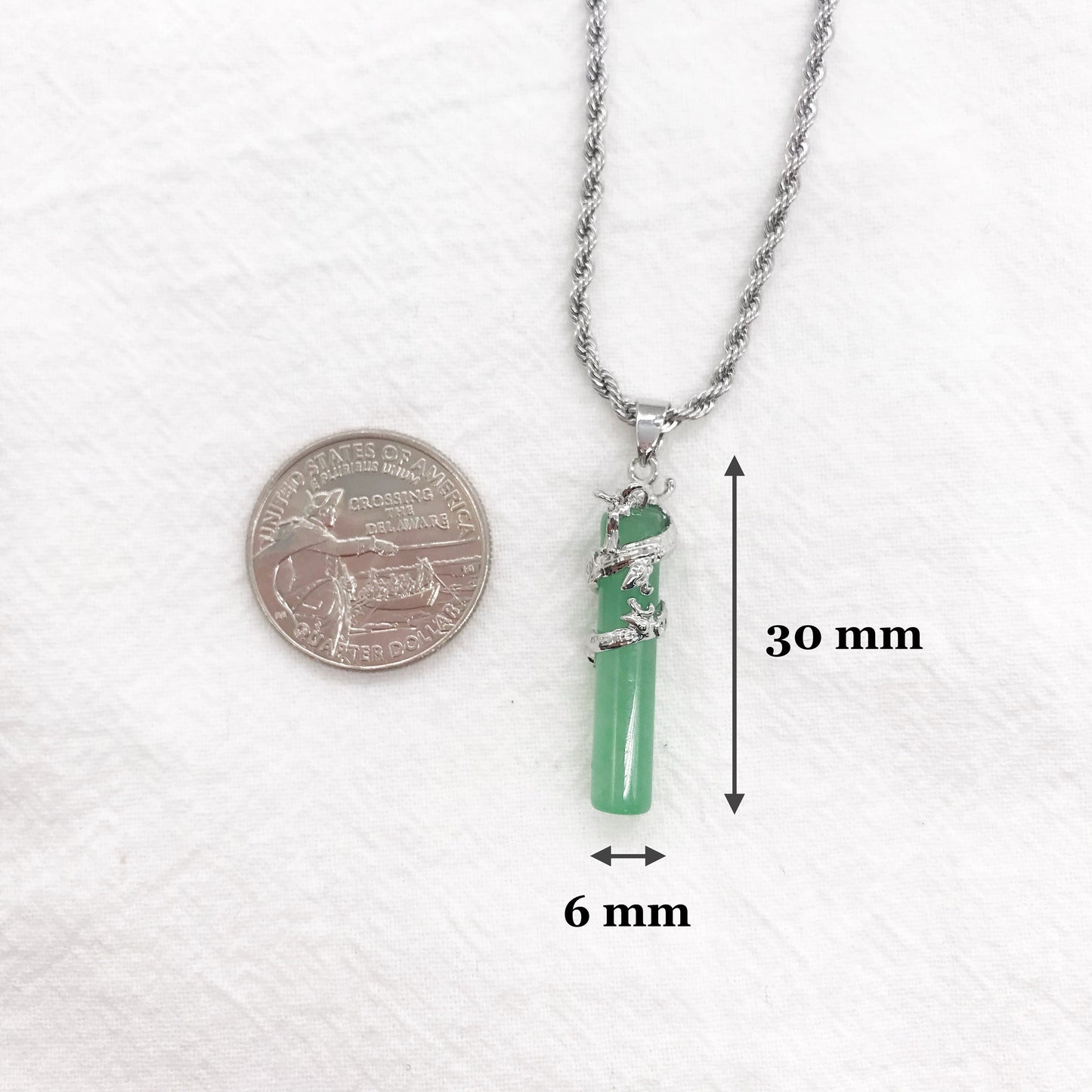 Silver Tone Pea Green Jade Dragon Pendant Necklace, Stainless Steel Rope Chain