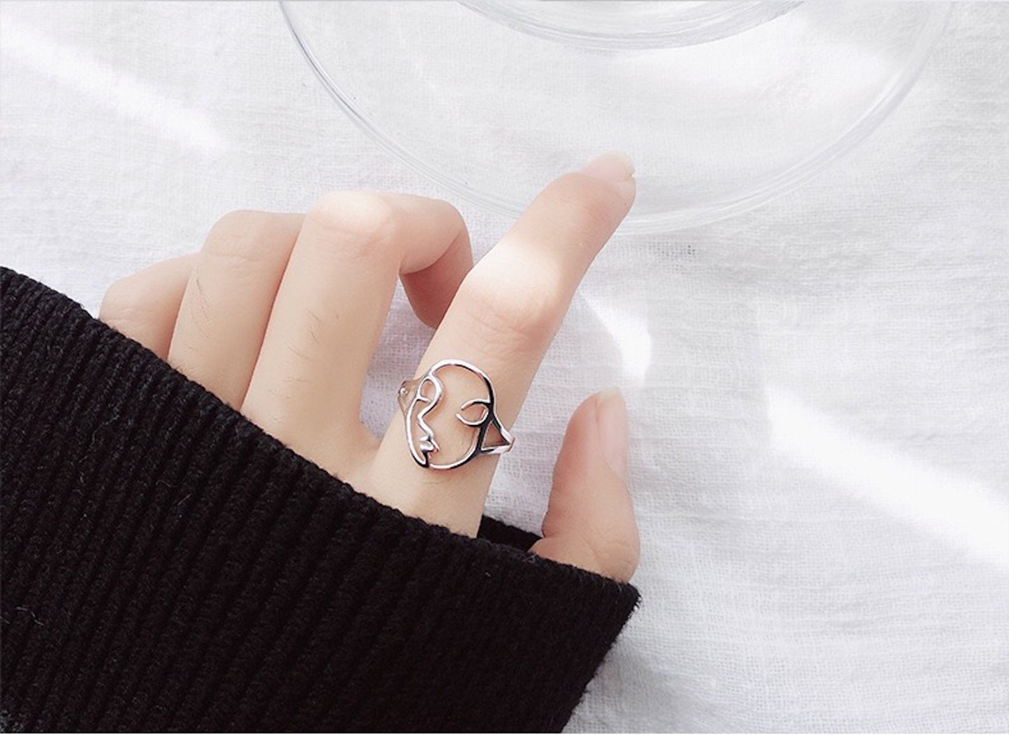 925 Sterling Silver Human Face Adjustable Open Ring