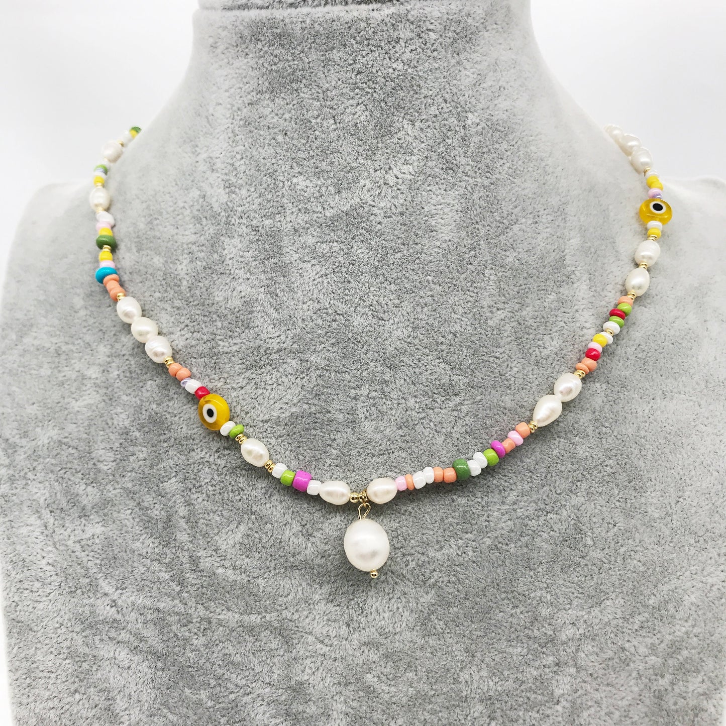 Evil Eye Fresh Water Pearls Colorful Beaded Necklace
