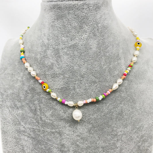 Evil Eye Fresh Water Pearls Colorful Beaded Necklace