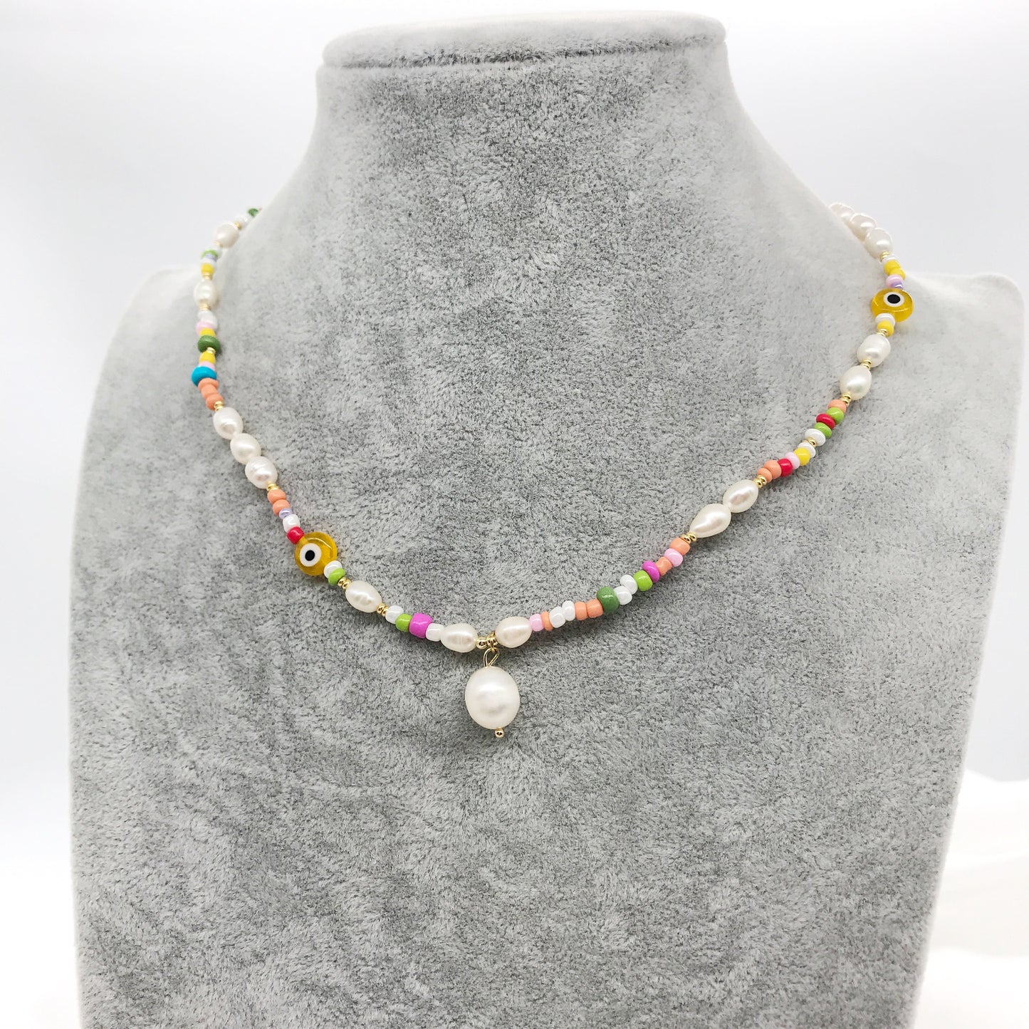 Evil Eye Fresh Water Pearls Colorful Beaded Necklace