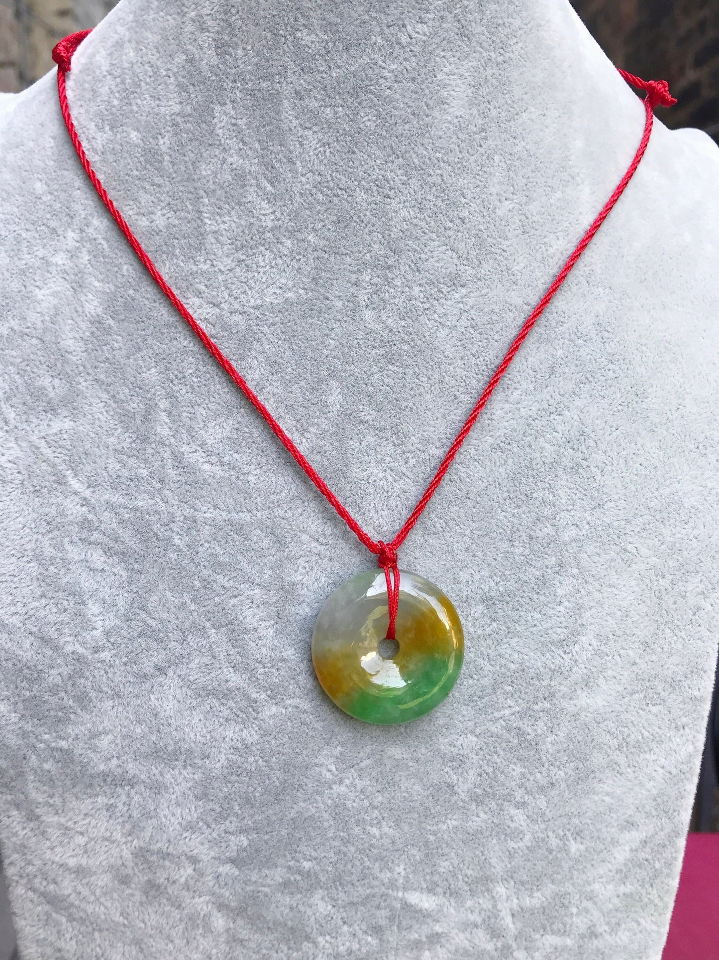 Natural Two-tone Donut coin Jade Pendant Red String Necklace, Lucky gift