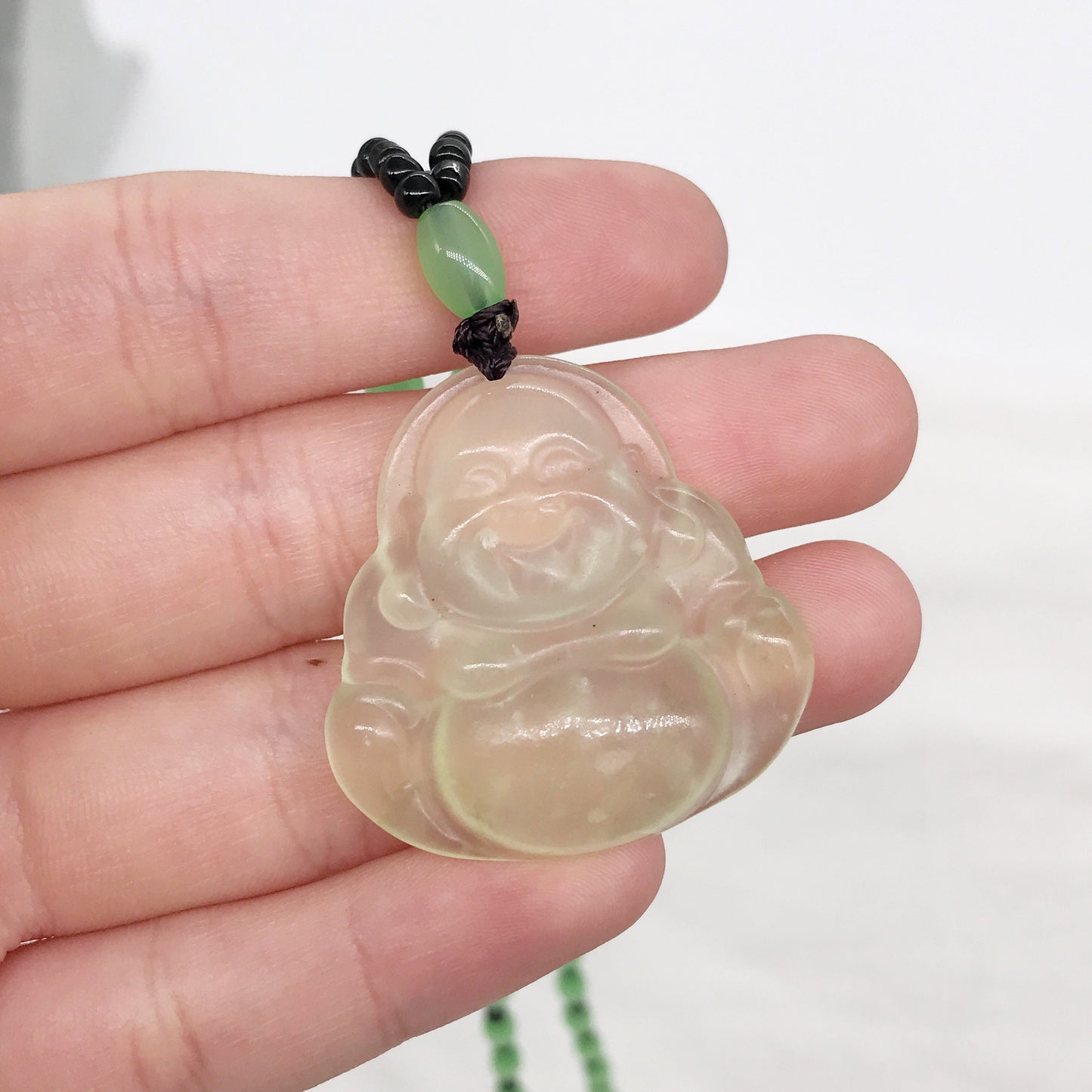 Light Green Jade Buddha Pendant Beaded Necklace