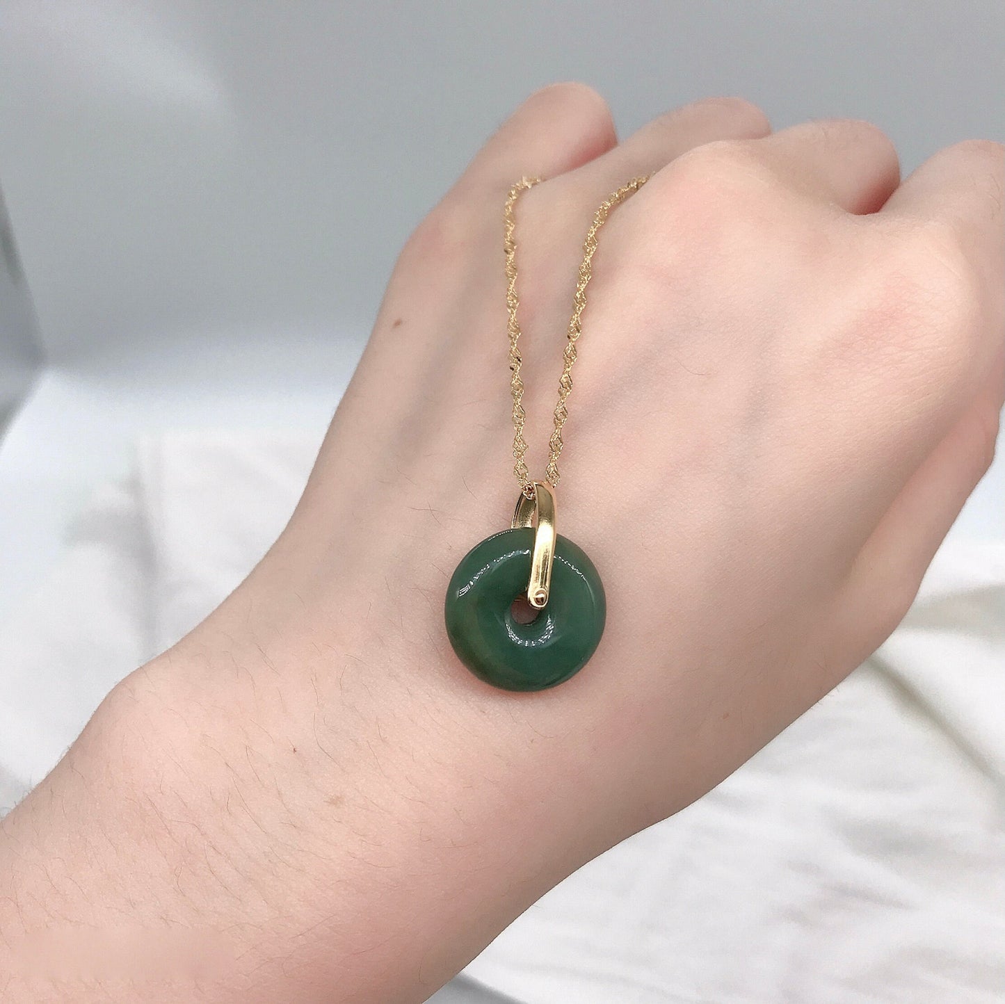 925 Sterling Silver Peaceful Buckle Natural Dark Green Jade Pendant Necklace