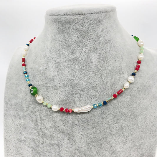 Evil Eye Fresh Water Baroque Pearls Colorful Crystal Beaded Necklace