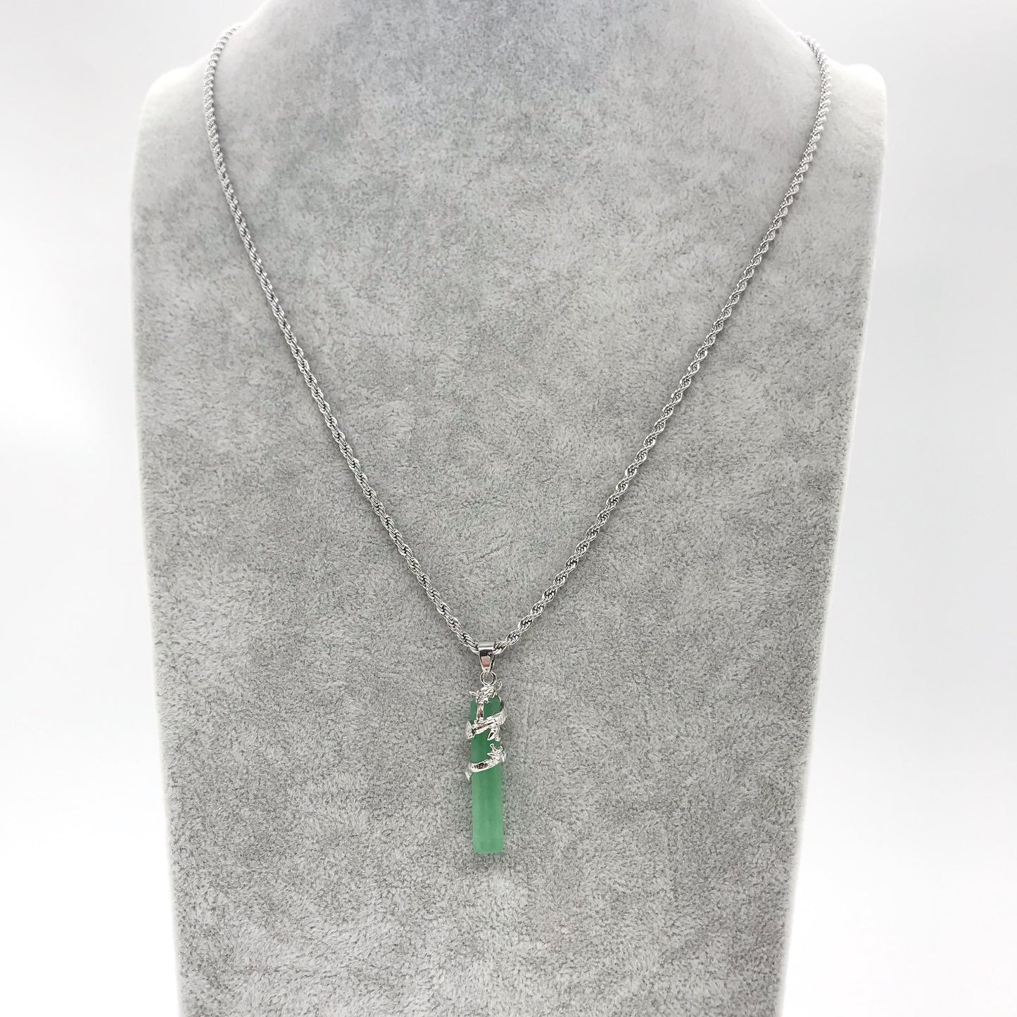 Silver Tone Pea Green Jade Dragon Pendant Necklace, Stainless Steel Rope Chain