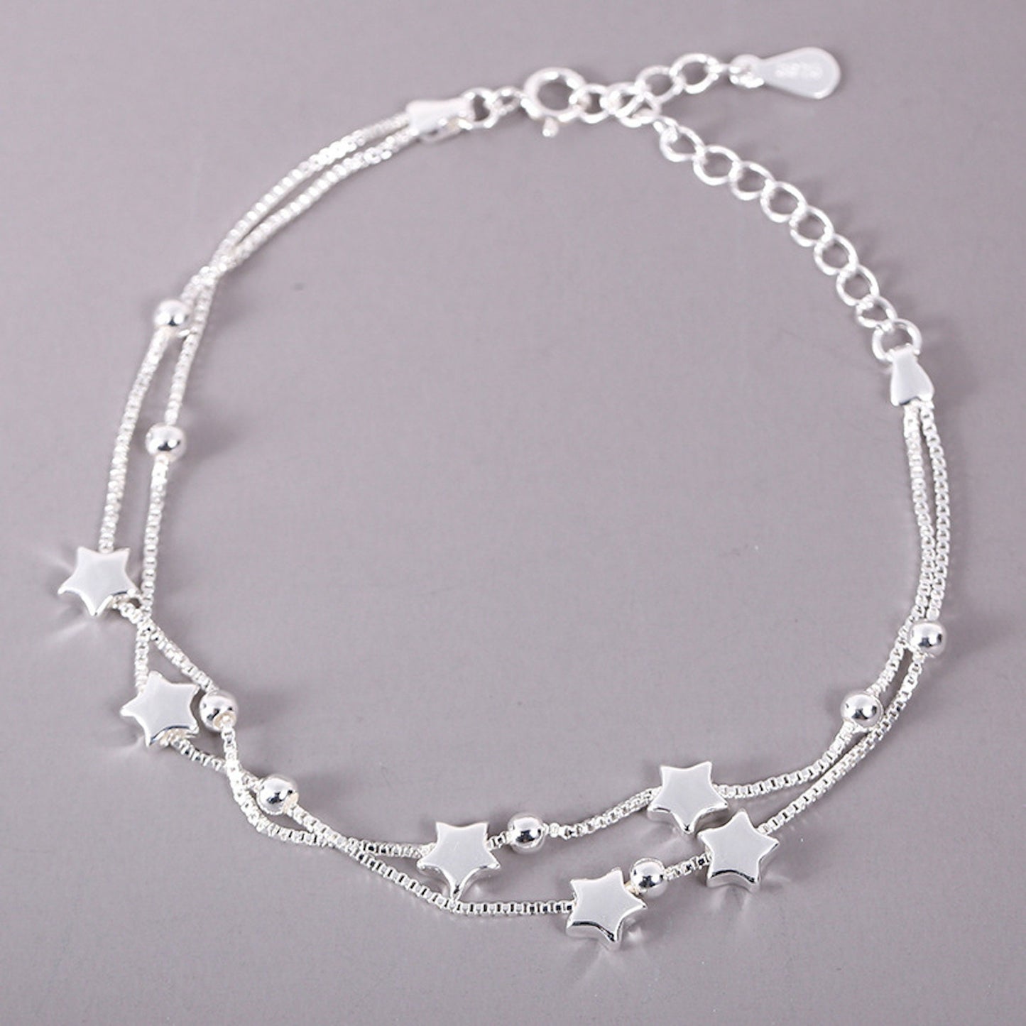 Sterling Silver Tiny Little Stars and Ball Charm Adjustable Box chain Bracelet
