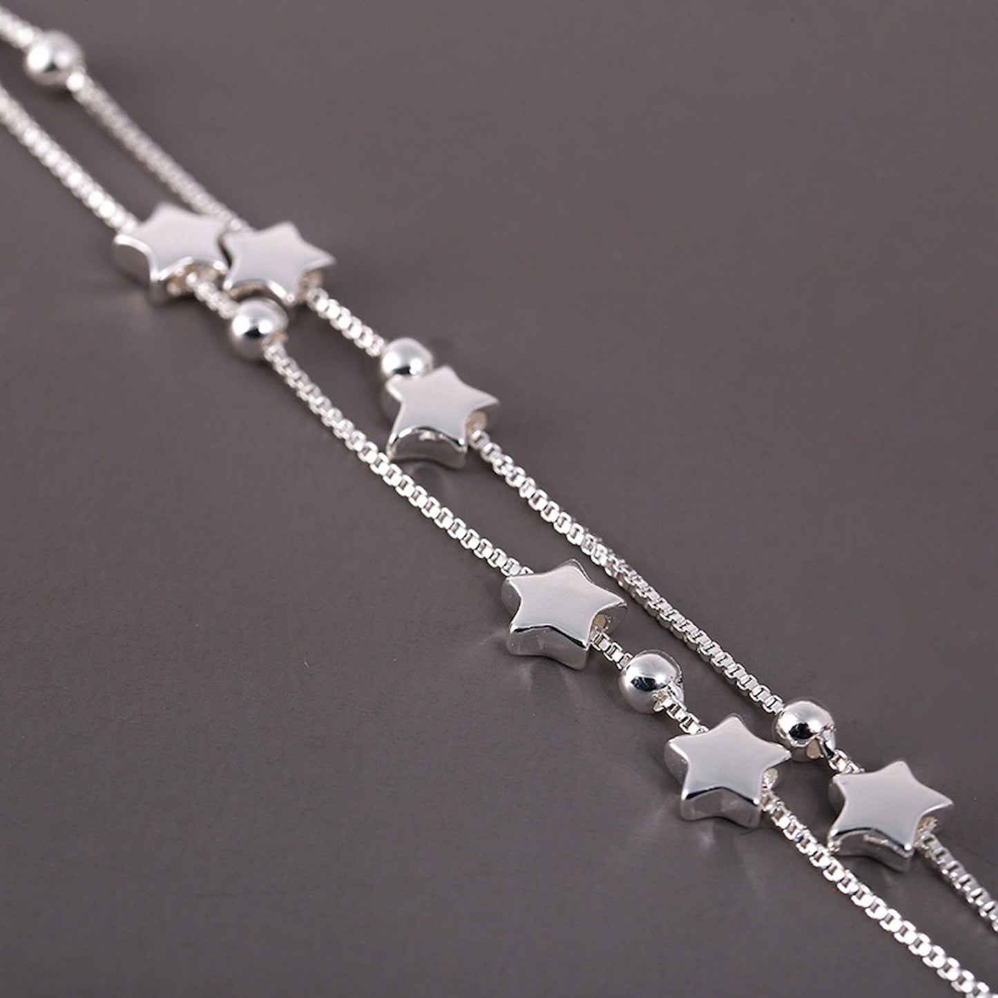 Sterling Silver Tiny Little Stars and Ball Charm Adjustable Box chain Bracelet