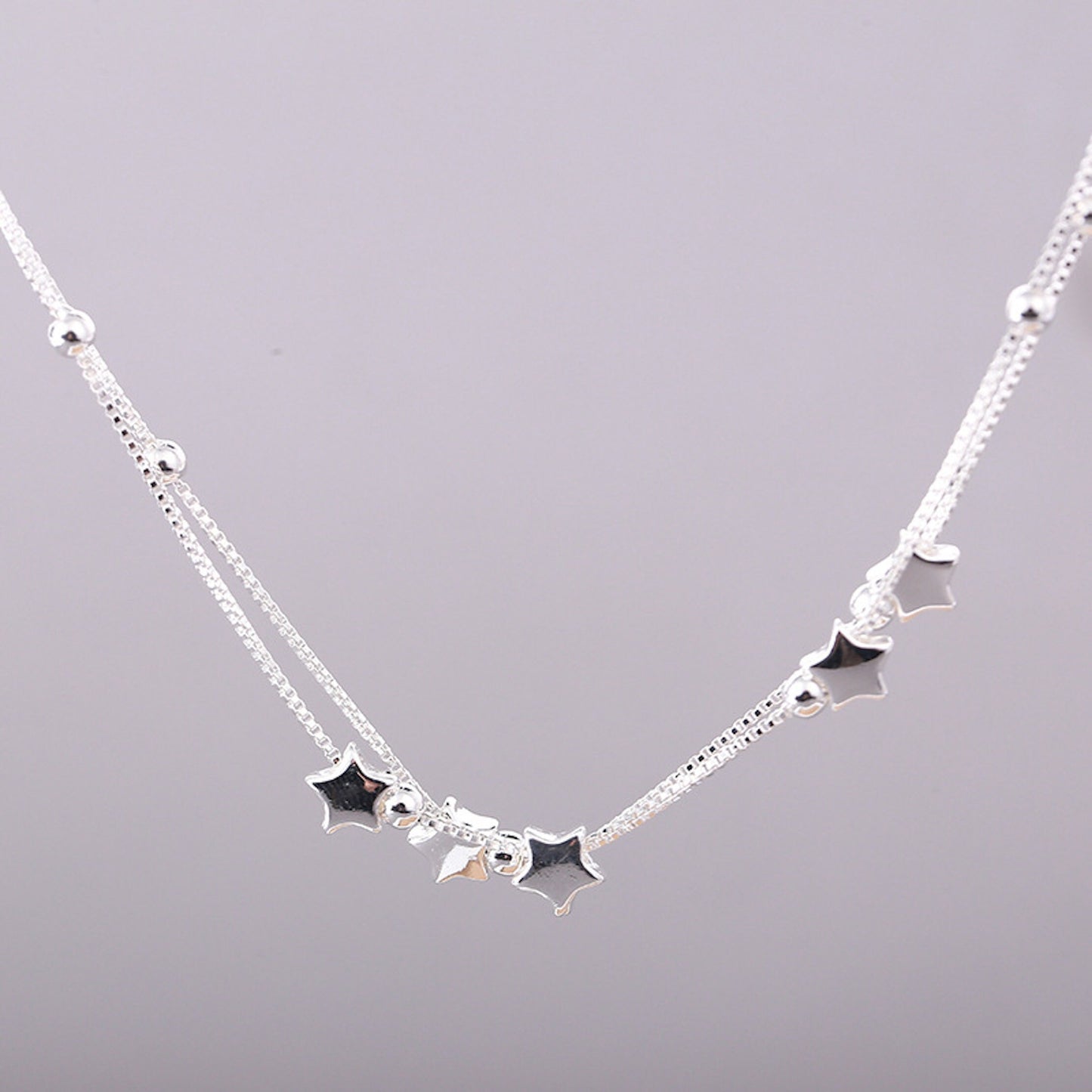 Sterling Silver Tiny Little Stars and Ball Charm Adjustable Box chain Bracelet