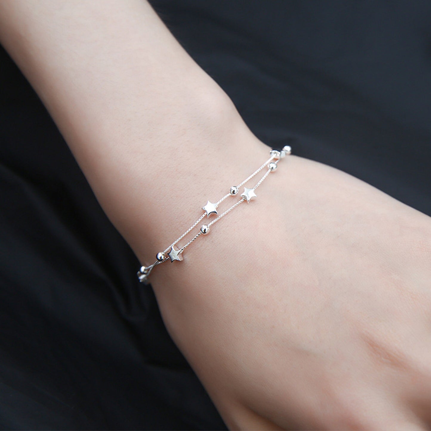 Sterling Silver Tiny Little Stars and Ball Charm Adjustable Box chain Bracelet