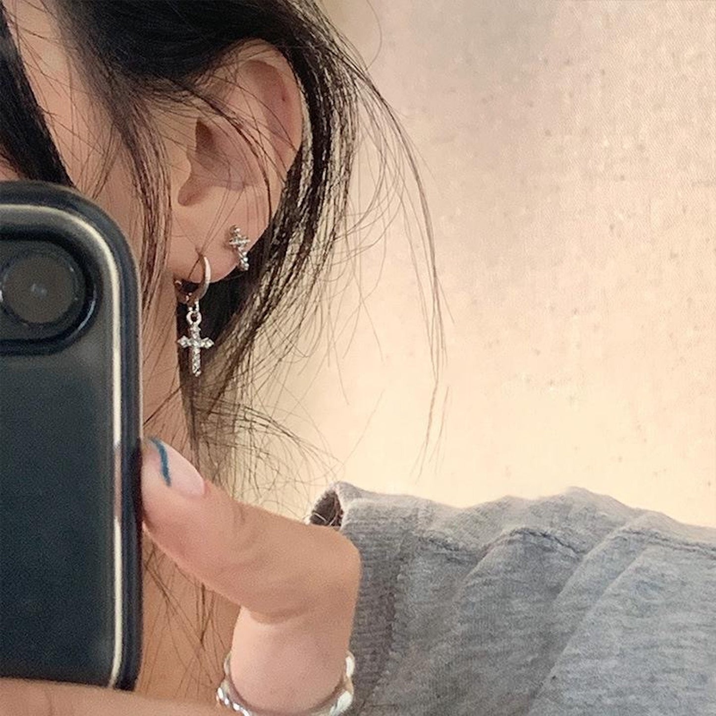Sterling Silver Cross CZ Earring, Stud and Huggie Earring