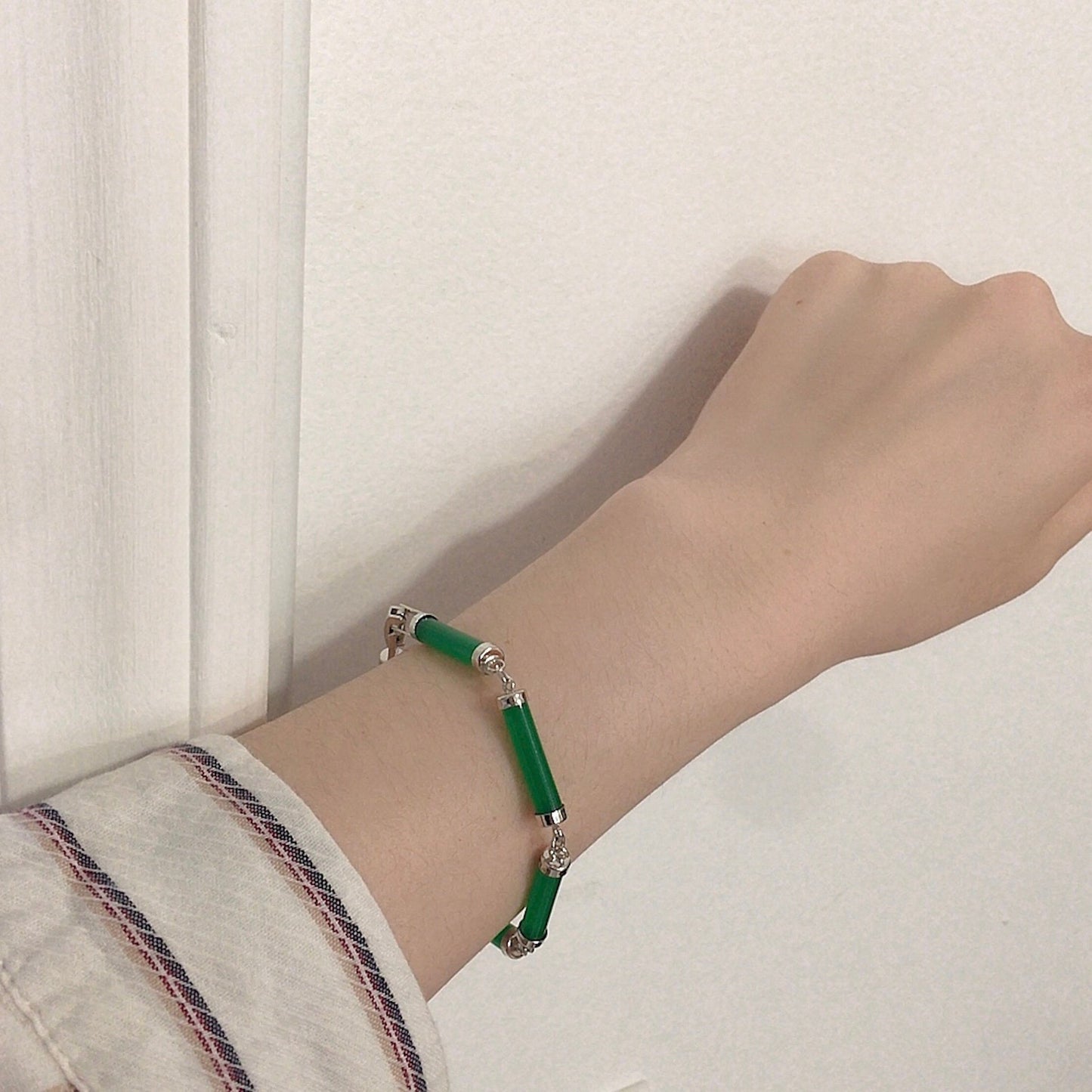 Bamboo Green Jade Link Bracelet, White Gold Plated