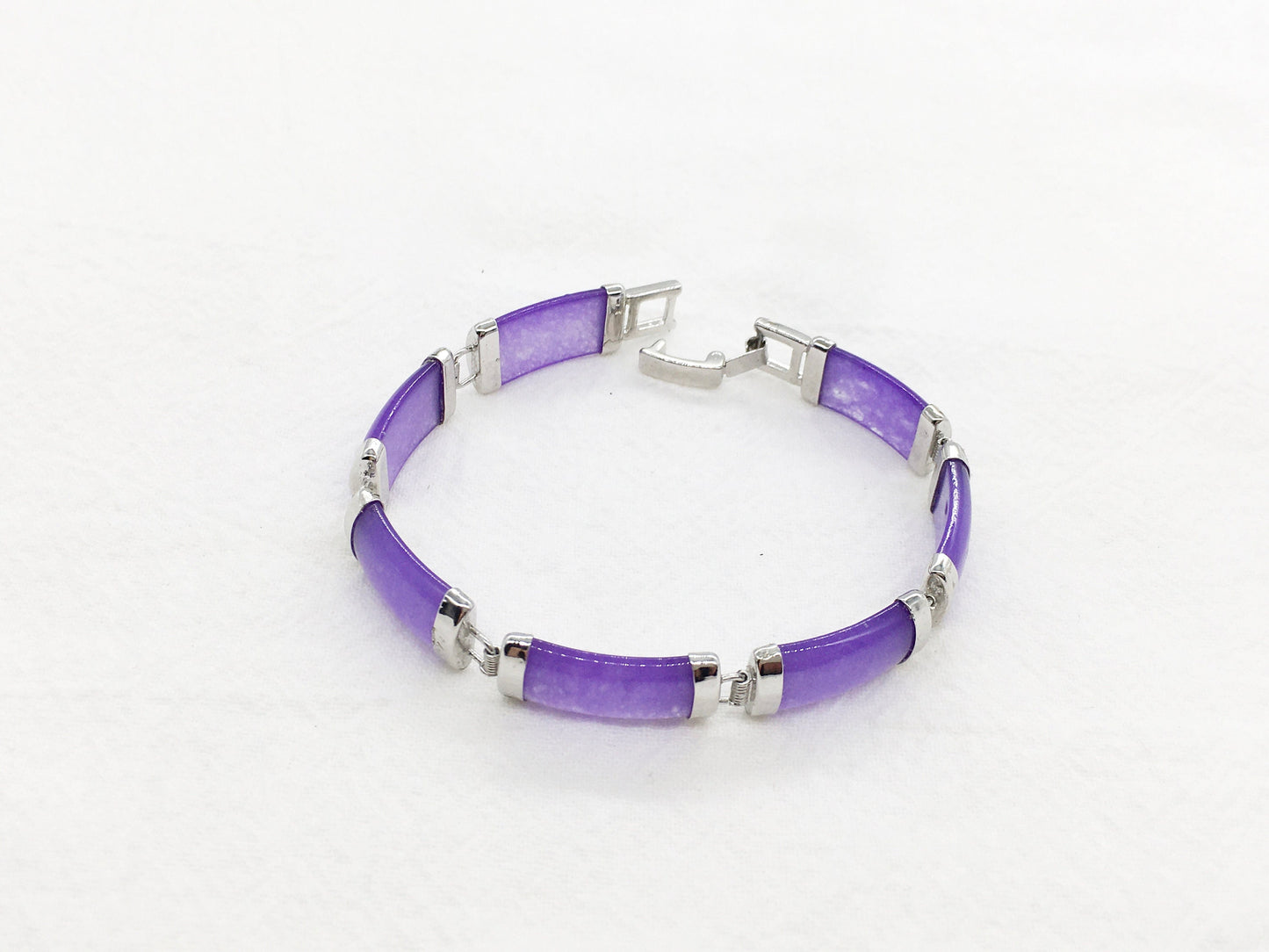 Purple rectangle Jade Link Bracelet, White Gold Plated