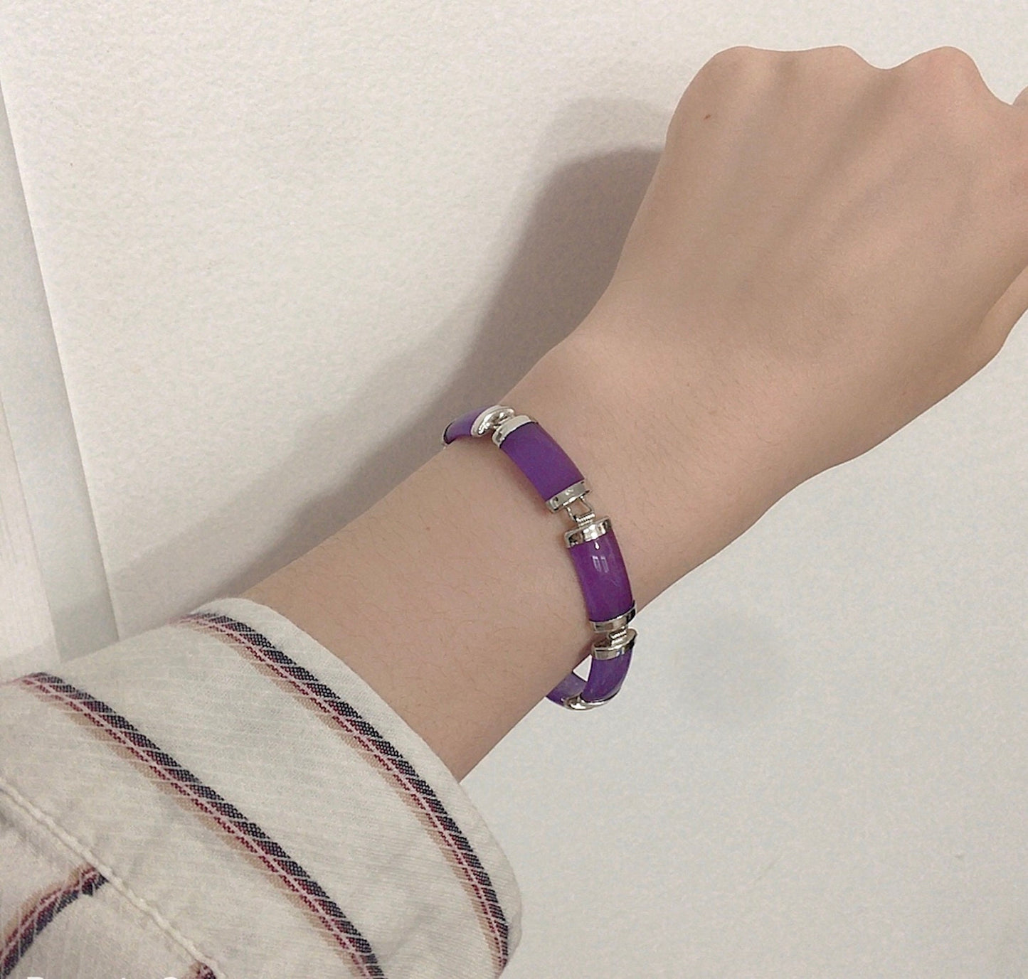 Purple rectangle Jade Link Bracelet, White Gold Plated