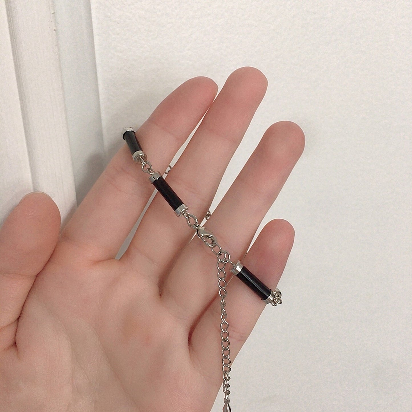 Black Obsidian Link Bracelet, White gold plated