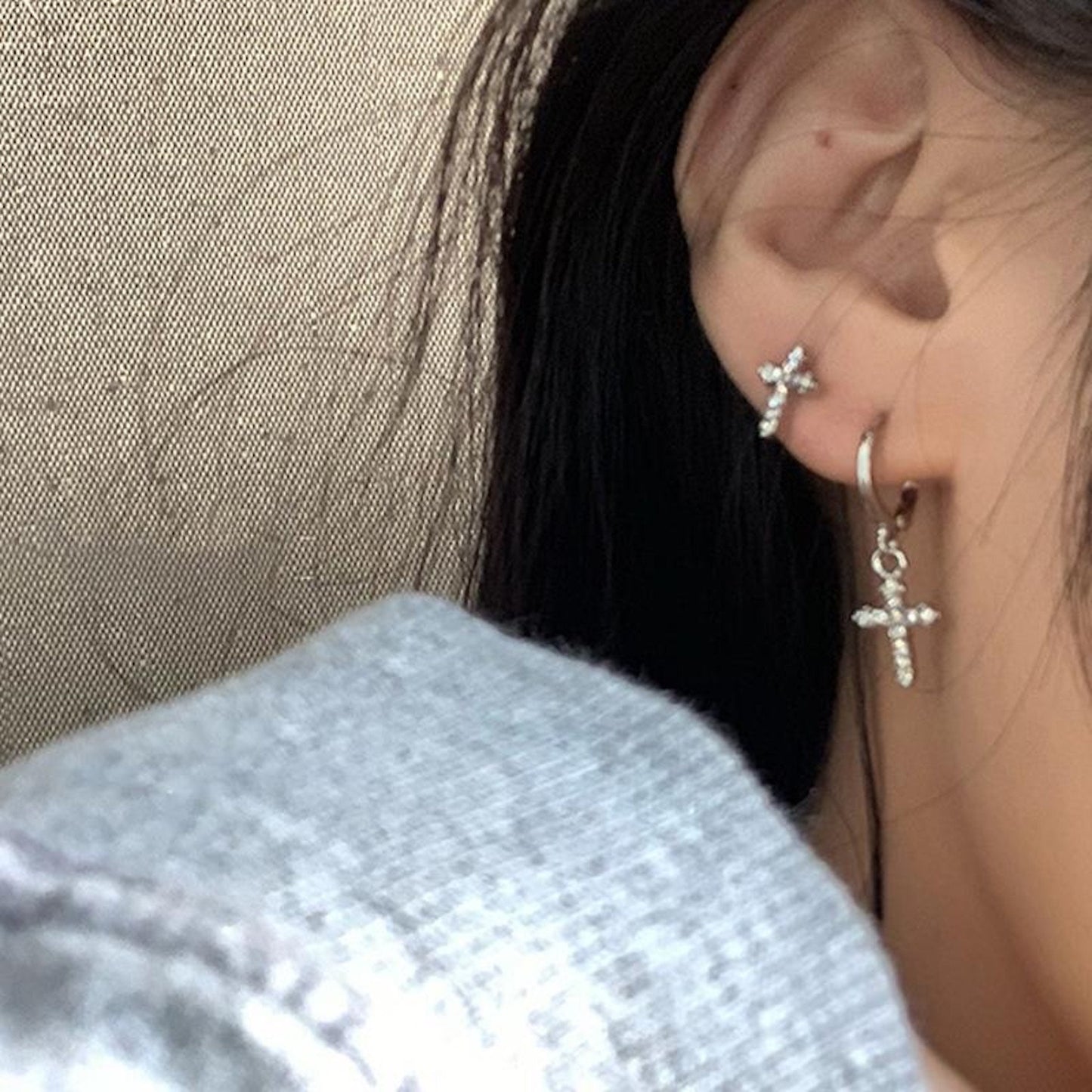 Sterling Silver Cross CZ Earring, Stud and Huggie Earring