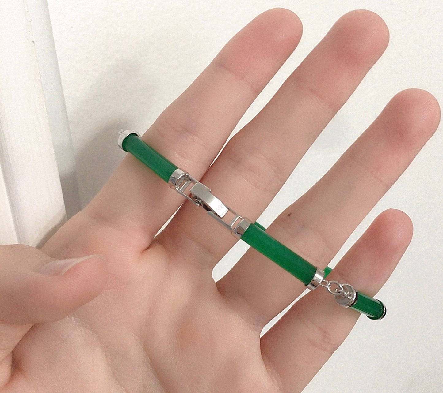 Bamboo Green Jade Link Bracelet, White Gold Plated