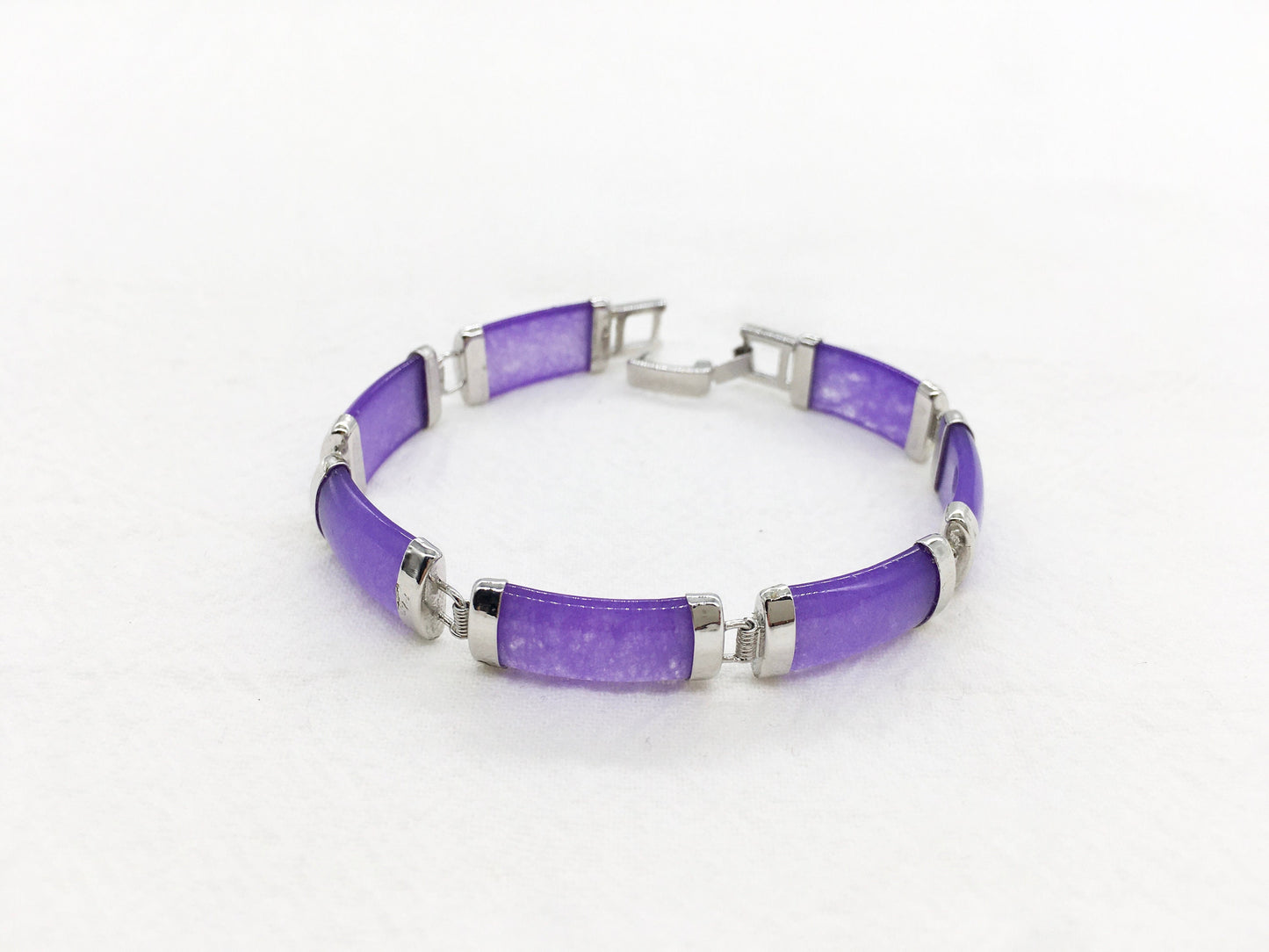 Purple rectangle Jade Link Bracelet, White Gold Plated