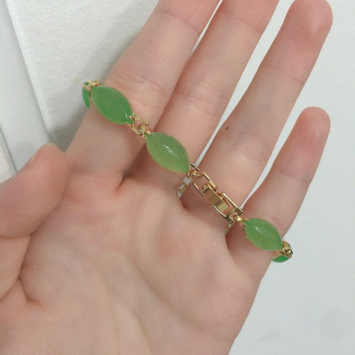 Light Green Jade Link Bracelet, Gold Plated