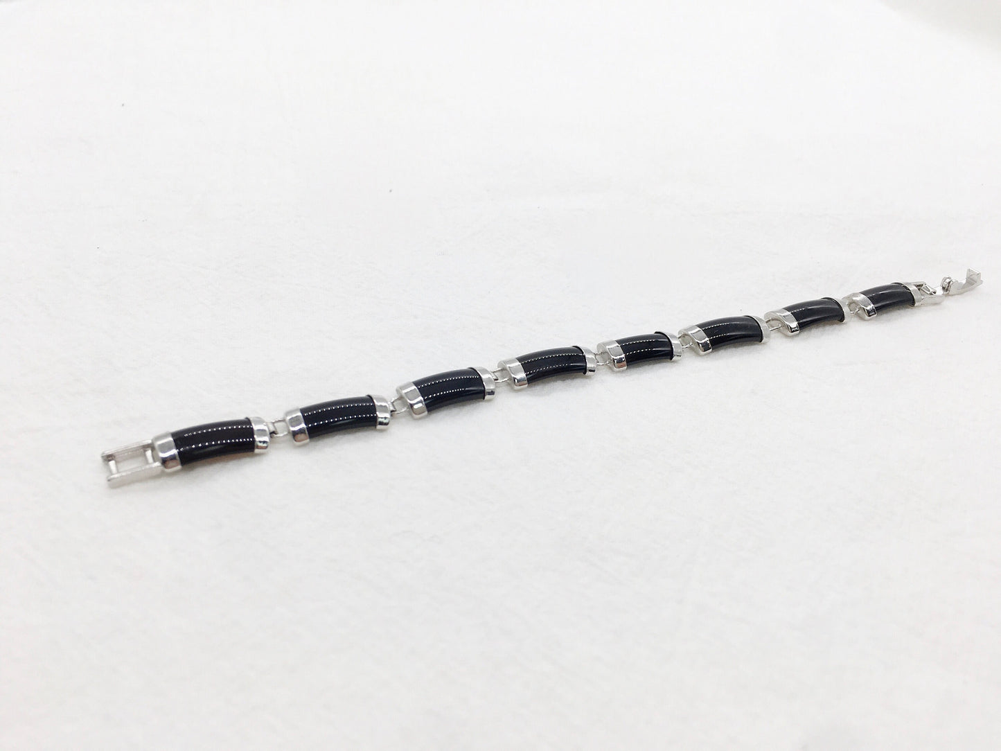 Black Obsidian Rectangle Link Bracelet, White Gold Plated