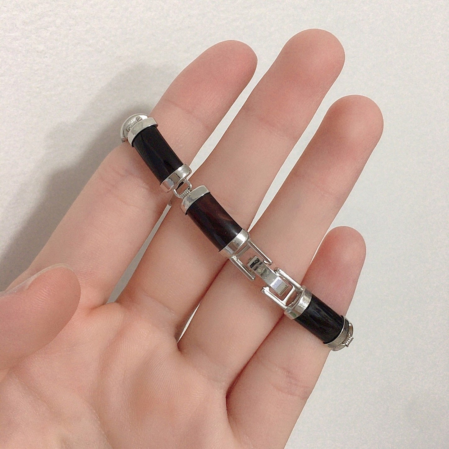 Black Obsidian Rectangle Link Bracelet, White Gold Plated