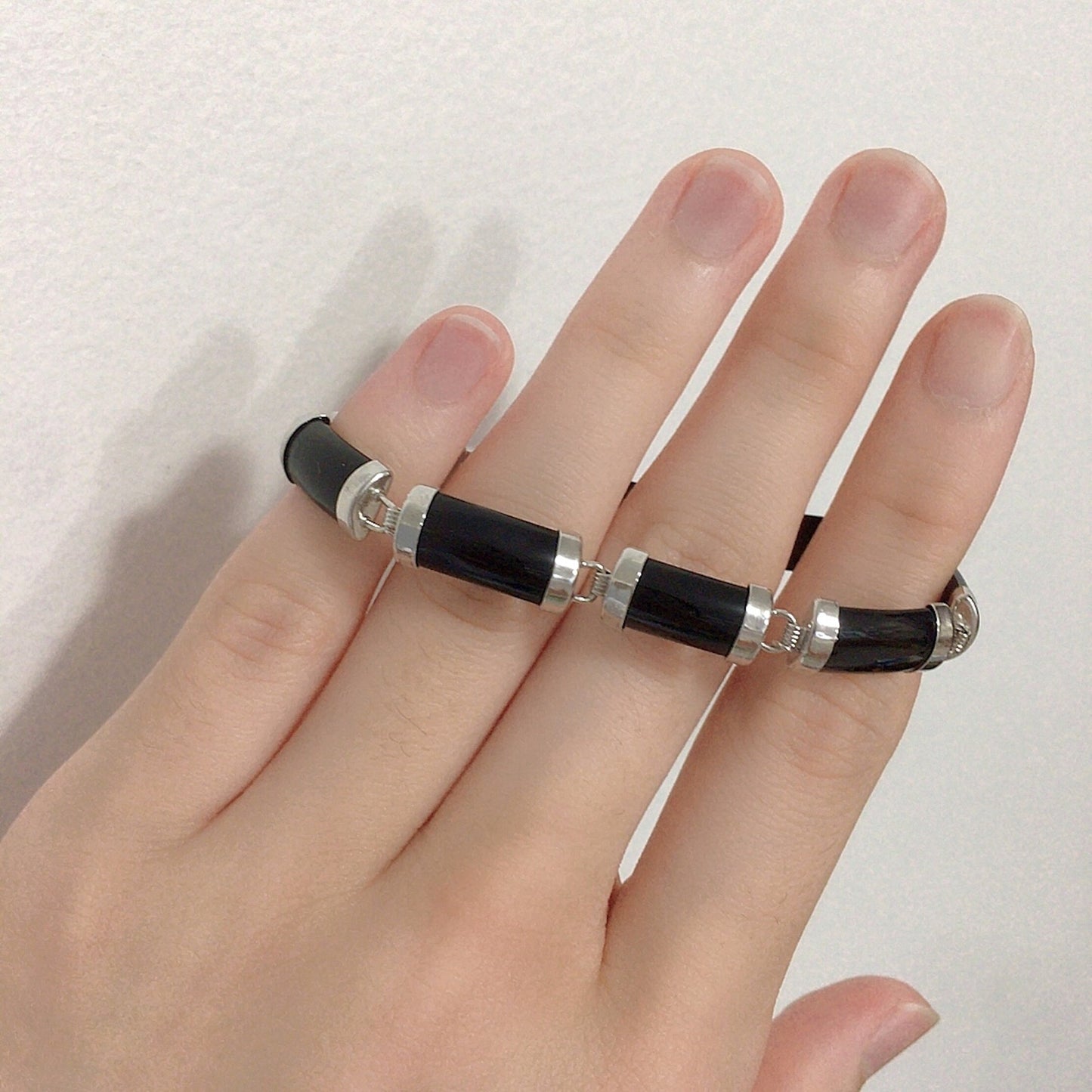 Black Obsidian Rectangle Link Bracelet, White Gold Plated