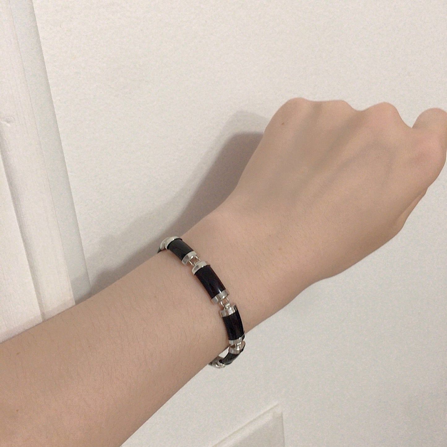 Black Obsidian Rectangle Link Bracelet, White Gold Plated