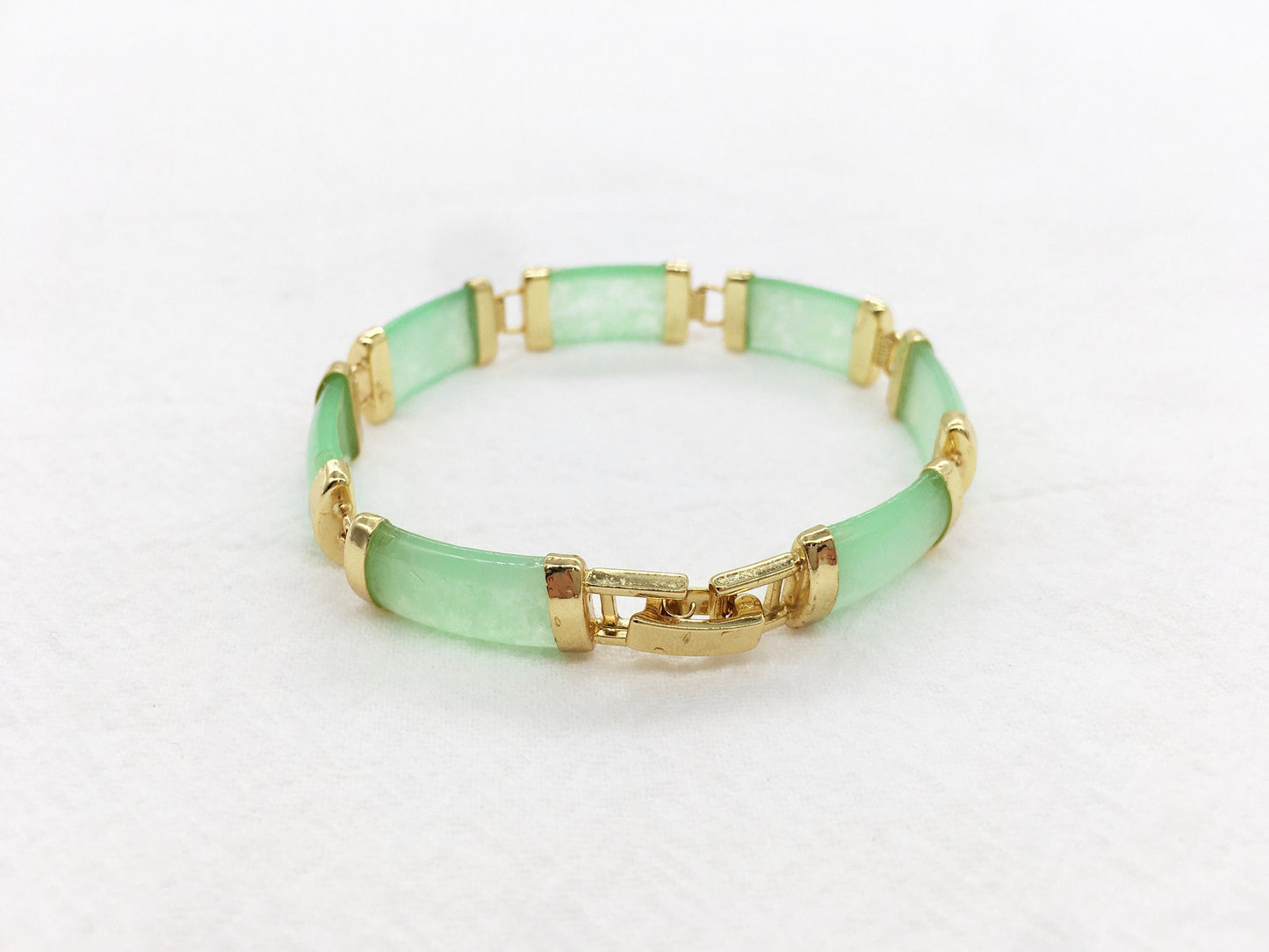 Light Green Rectangle Jade Link Bracelet, Gold Plated