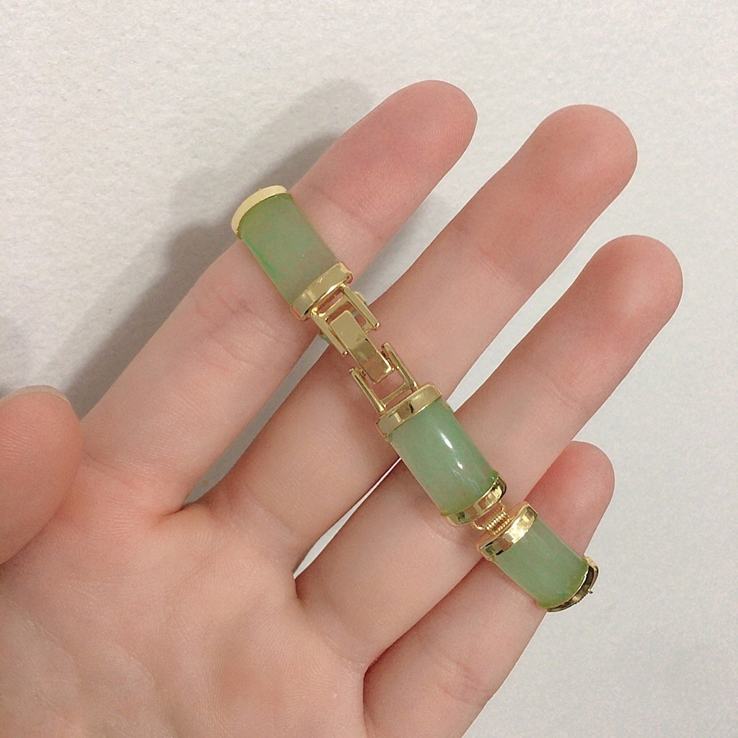 Light Green Rectangle Jade Link Bracelet, Gold Plated