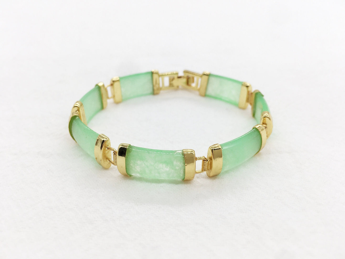 Light Green Rectangle Jade Link Bracelet, Gold Plated