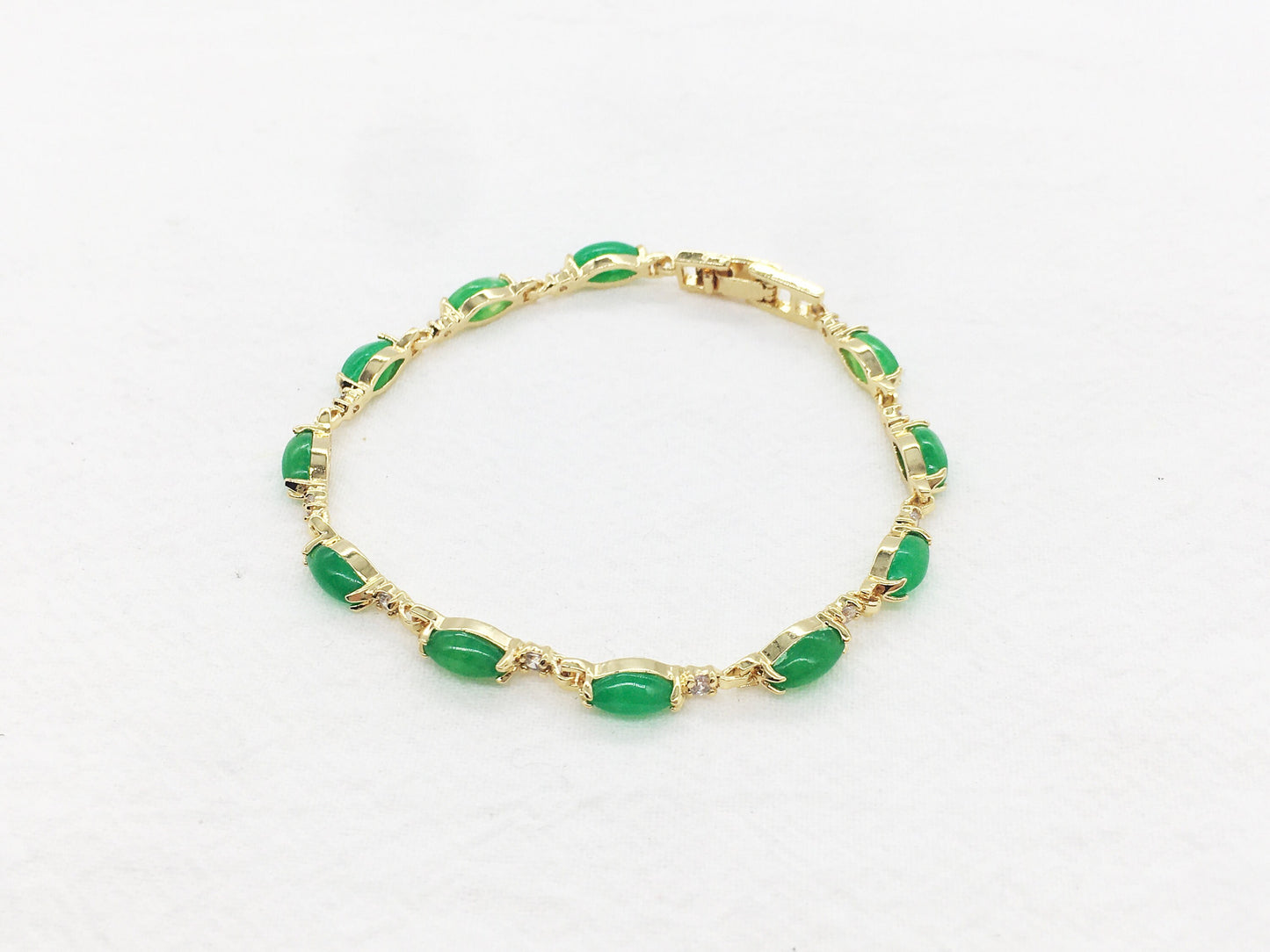 Green Leaf Jade Gemstone Link Bracelet, Gold Plated