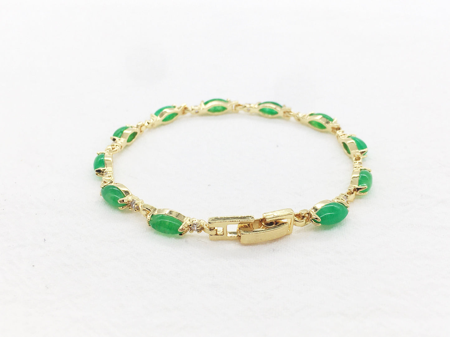 Green Leaf Jade Gemstone Link Bracelet, Gold Plated