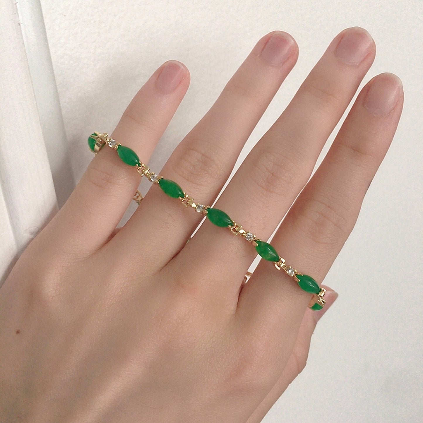 Green Leaf Jade Gemstone Link Bracelet, Gold Plated