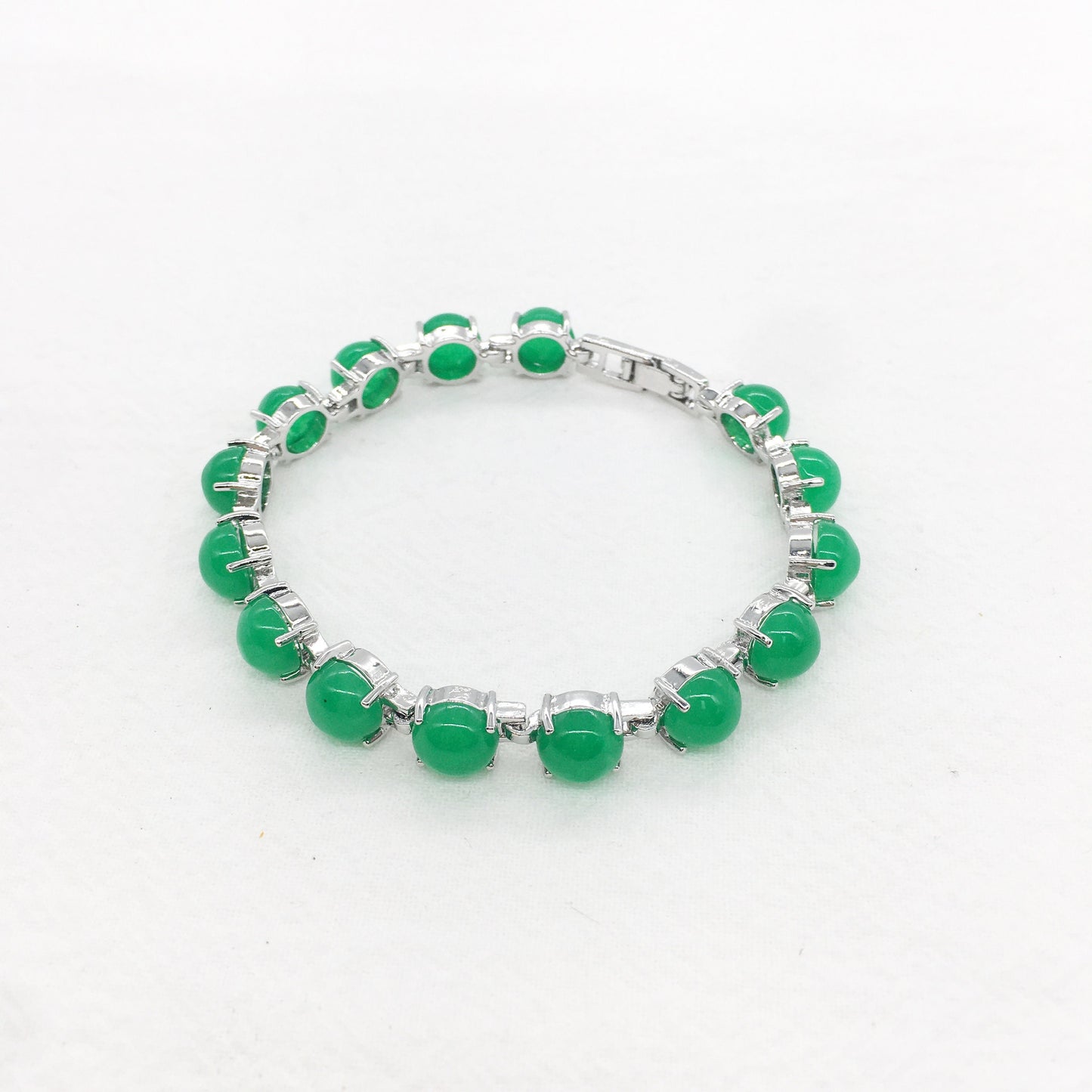 Genuine Oval Green Jade Link Bracelet, White Gold Plated