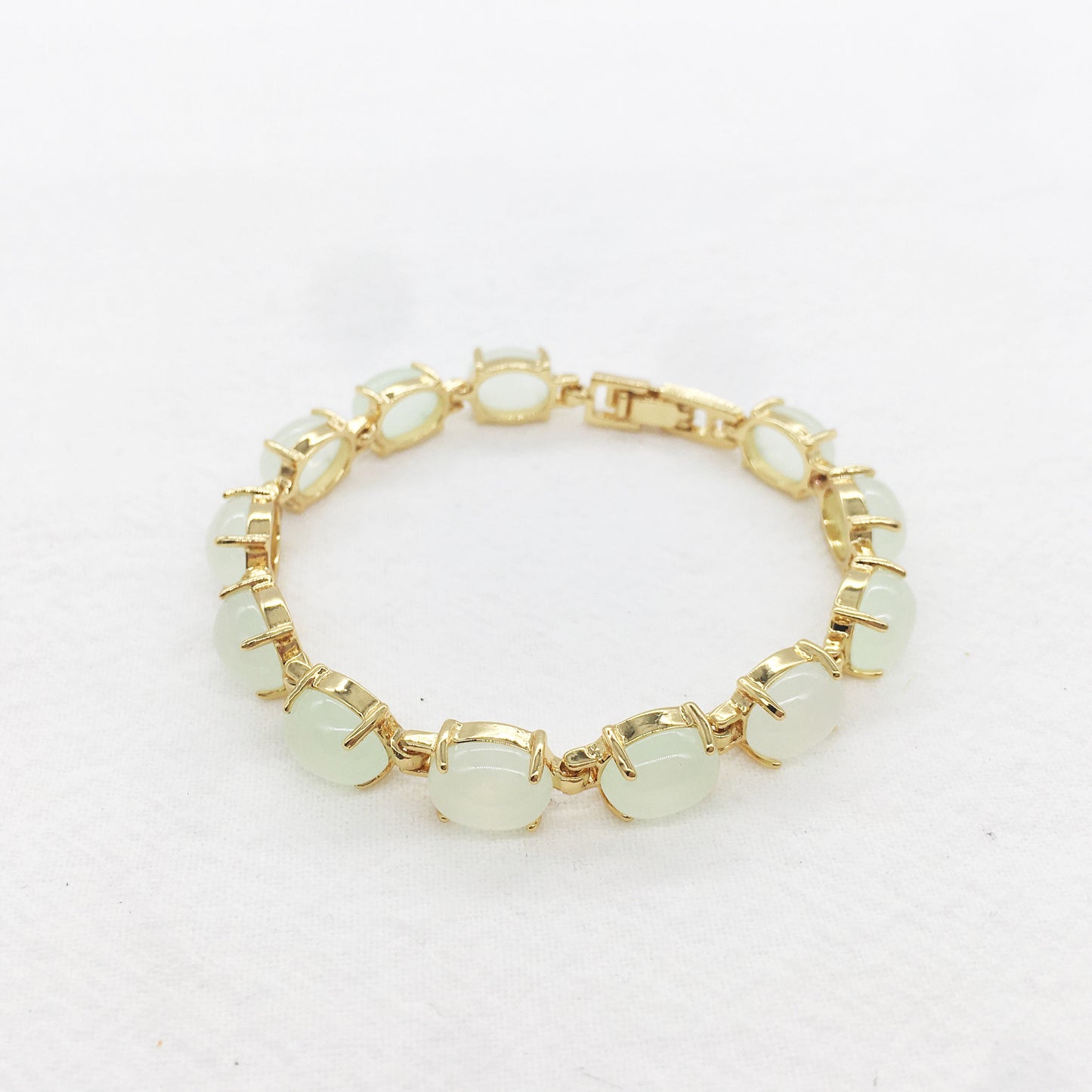 Genuine Oval Light Green Jade Link Bracelet, Gold Plated