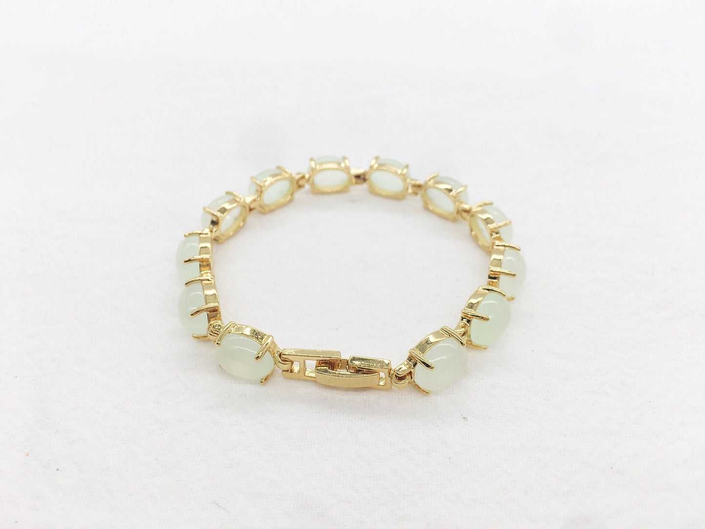 Genuine Oval Light Green Jade Link Bracelet, Gold Plated