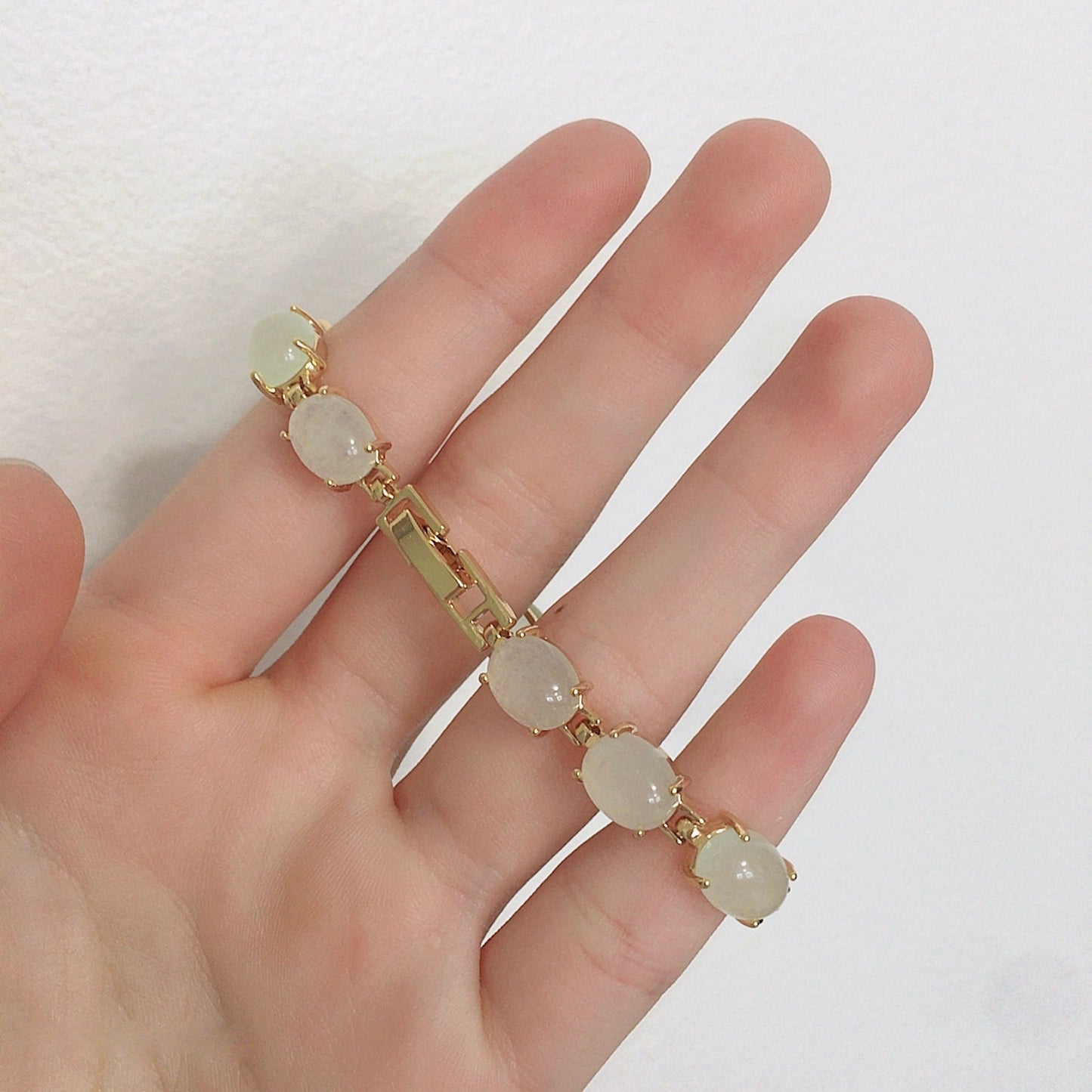 Genuine Oval Light Green Jade Link Bracelet, Gold Plated