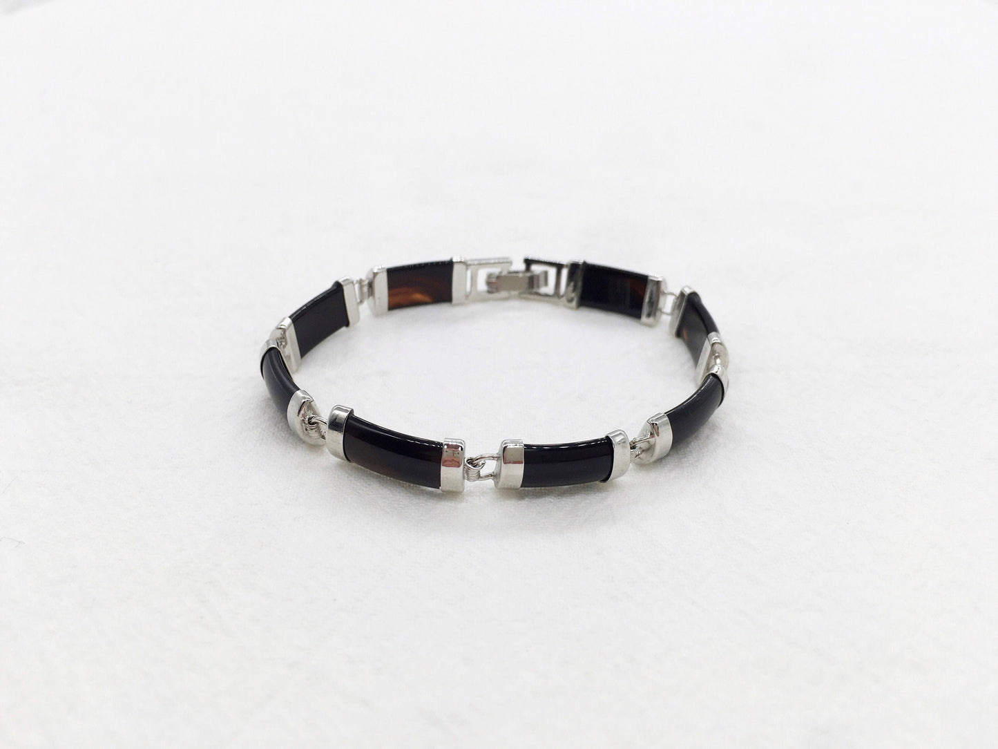 Black Obsidian Rectangle Link Bracelet, White Gold Plated